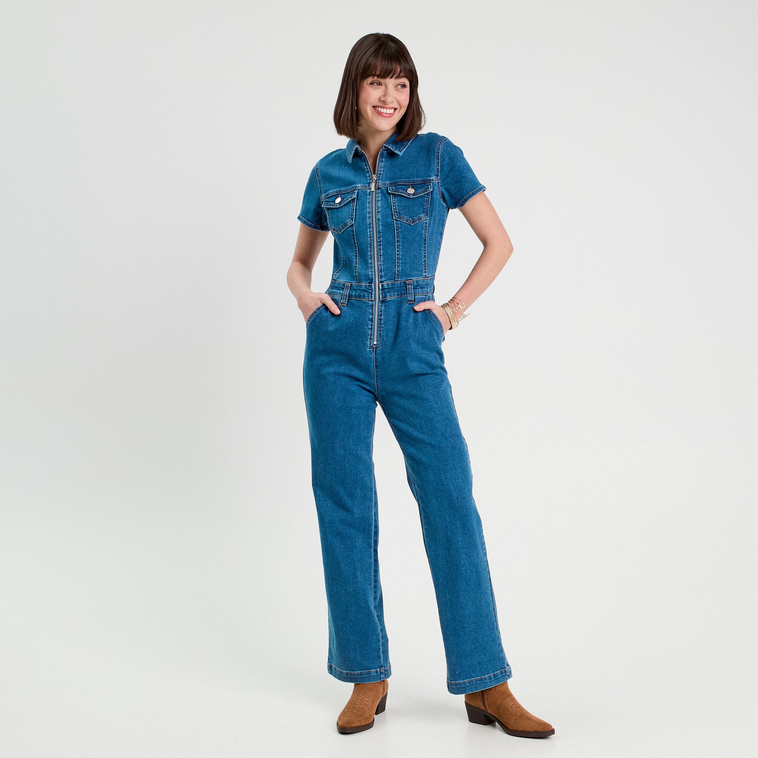 Combinaison pantalon en jean denim stone femme