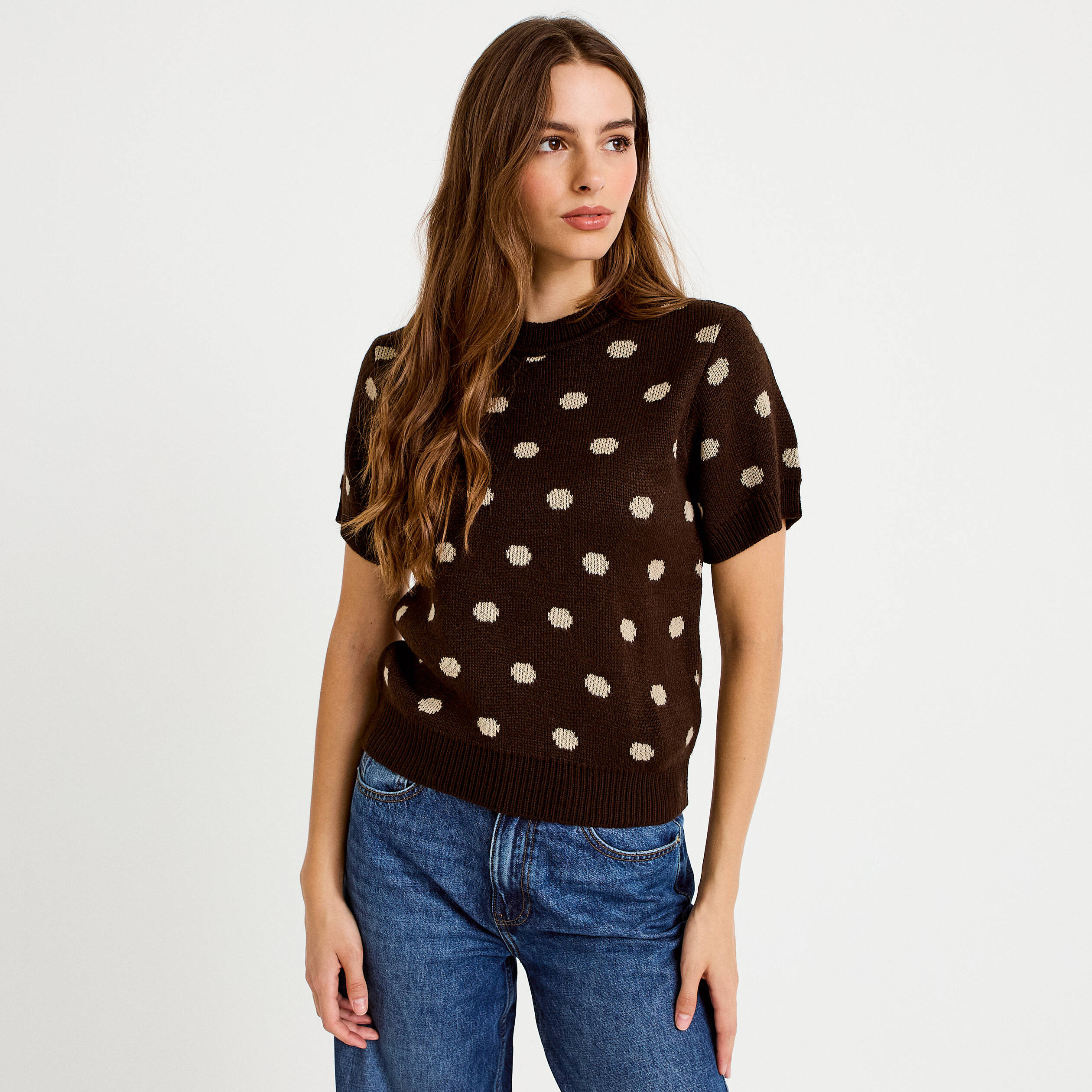Pull cintr&eacute; col rond manches courtes marron fonc&eacute; femme