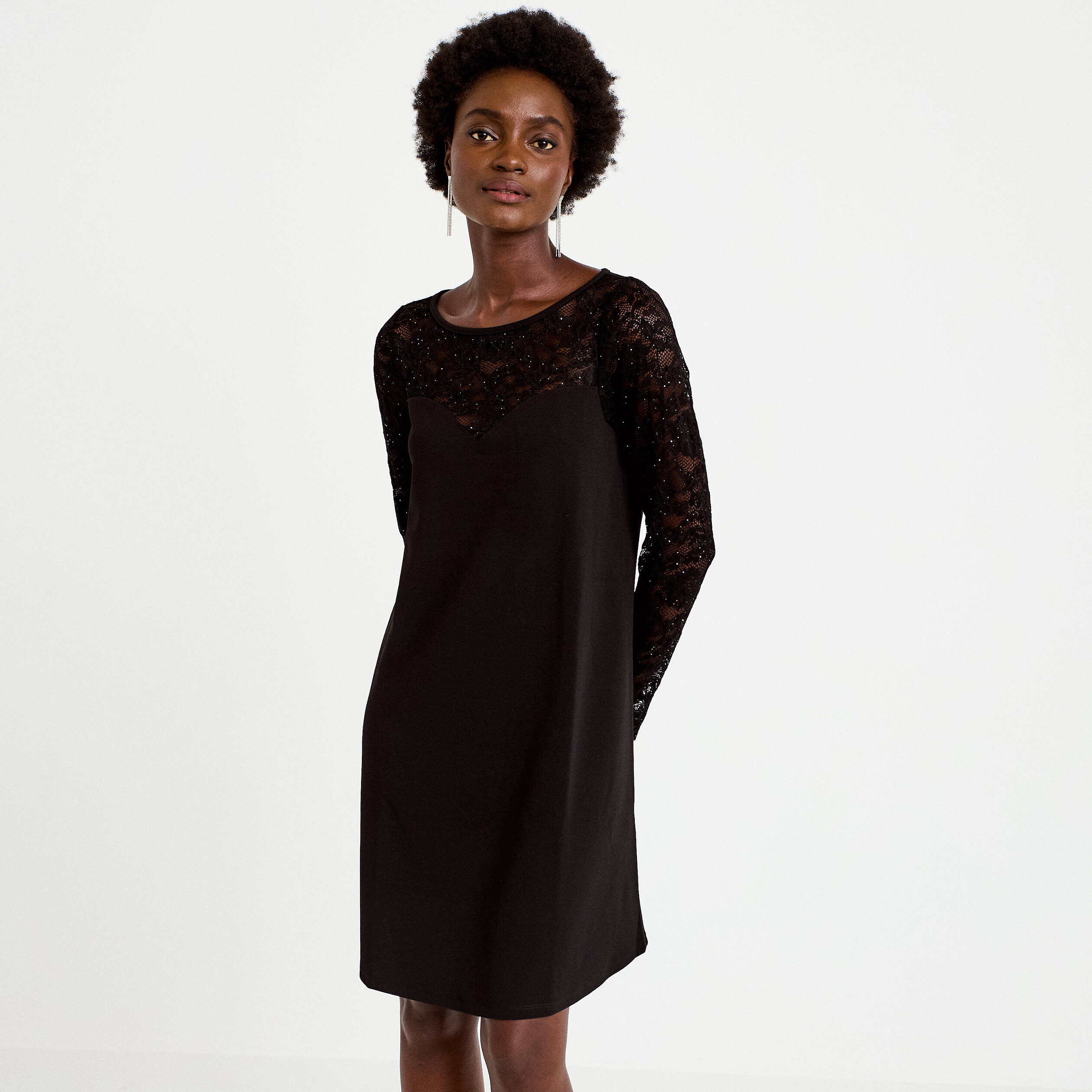 Robe bi-mati&egrave;re courte col rond noir femme