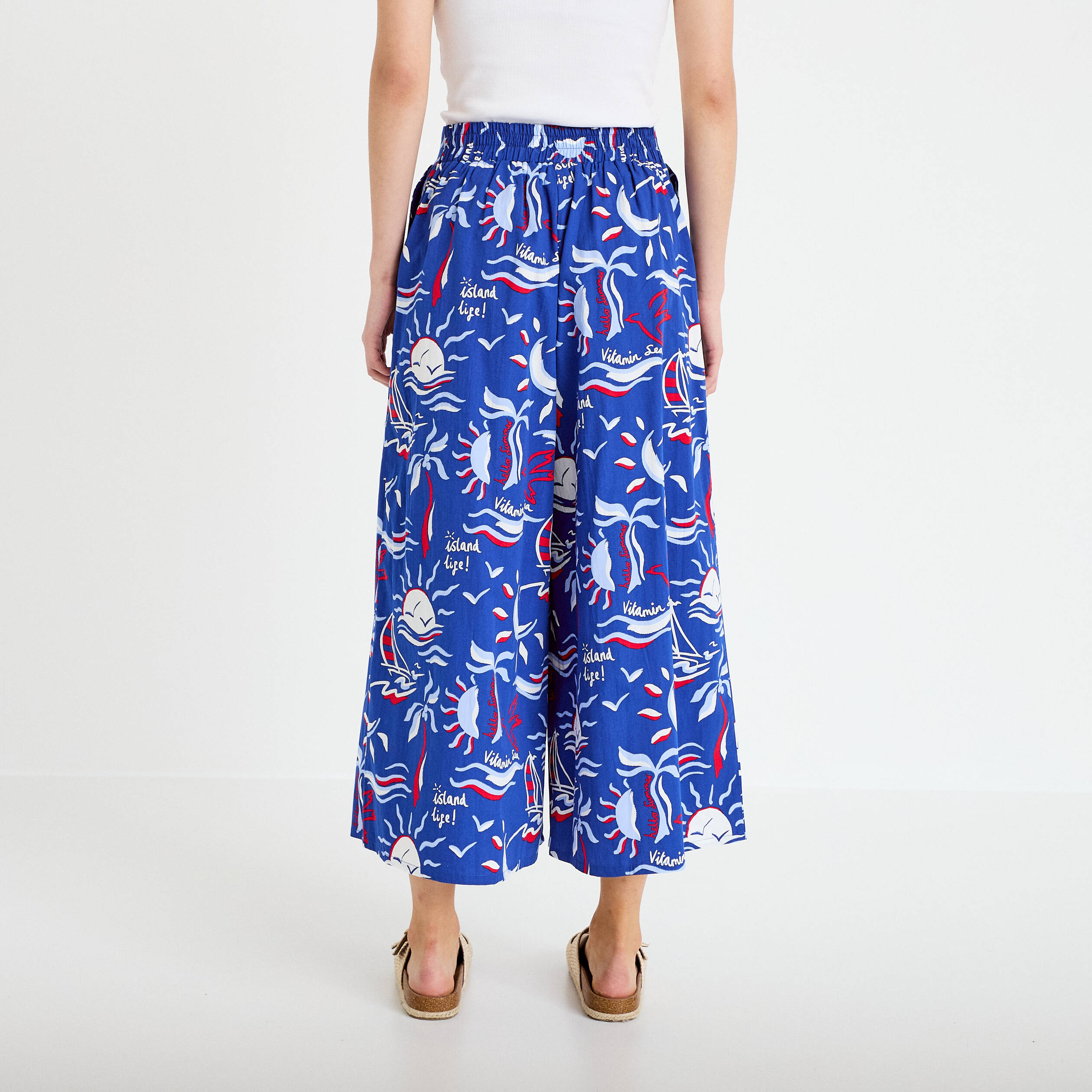 Pantalon large 3/4 taille standard bleu marine femme