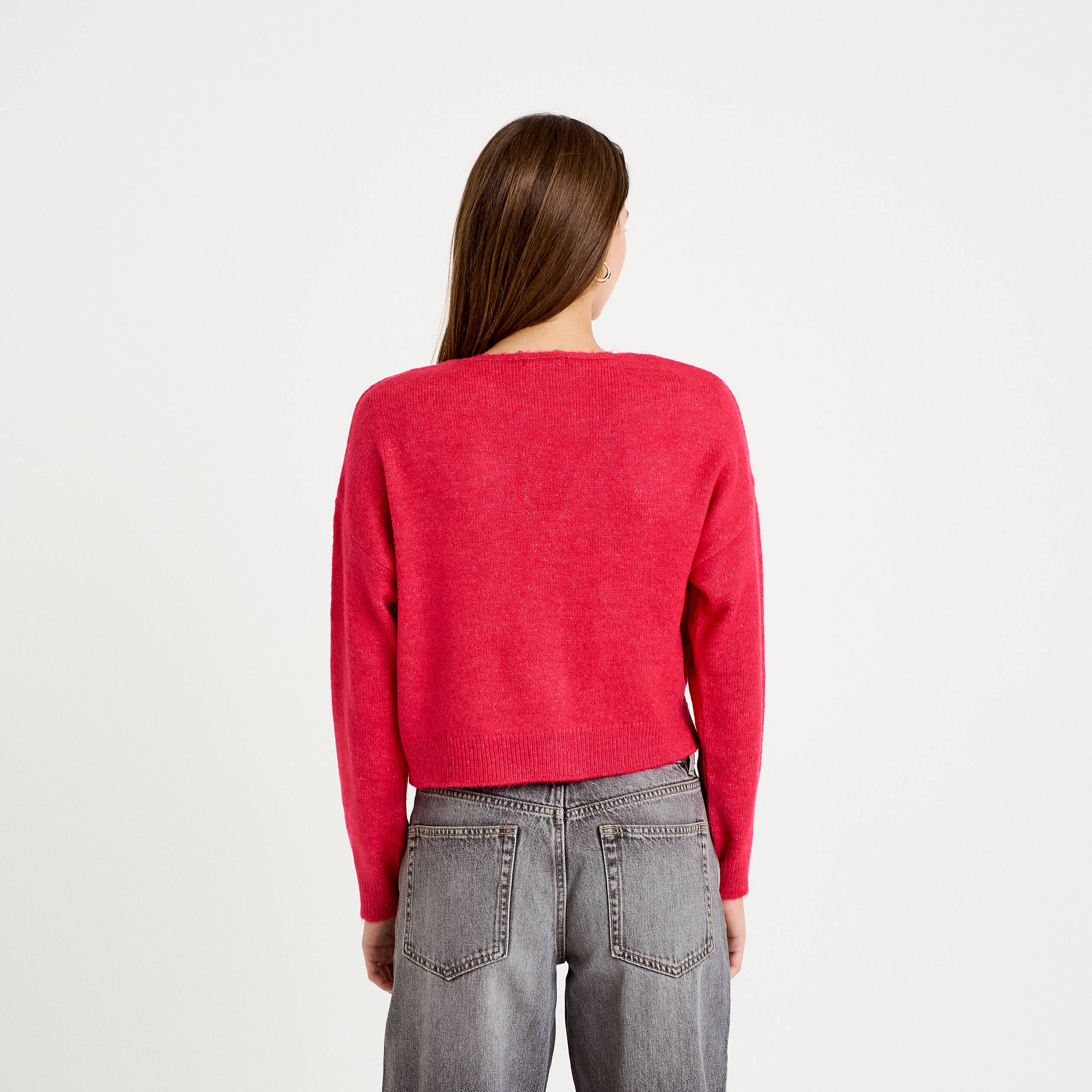 Gilet col v manches longues rouge femme