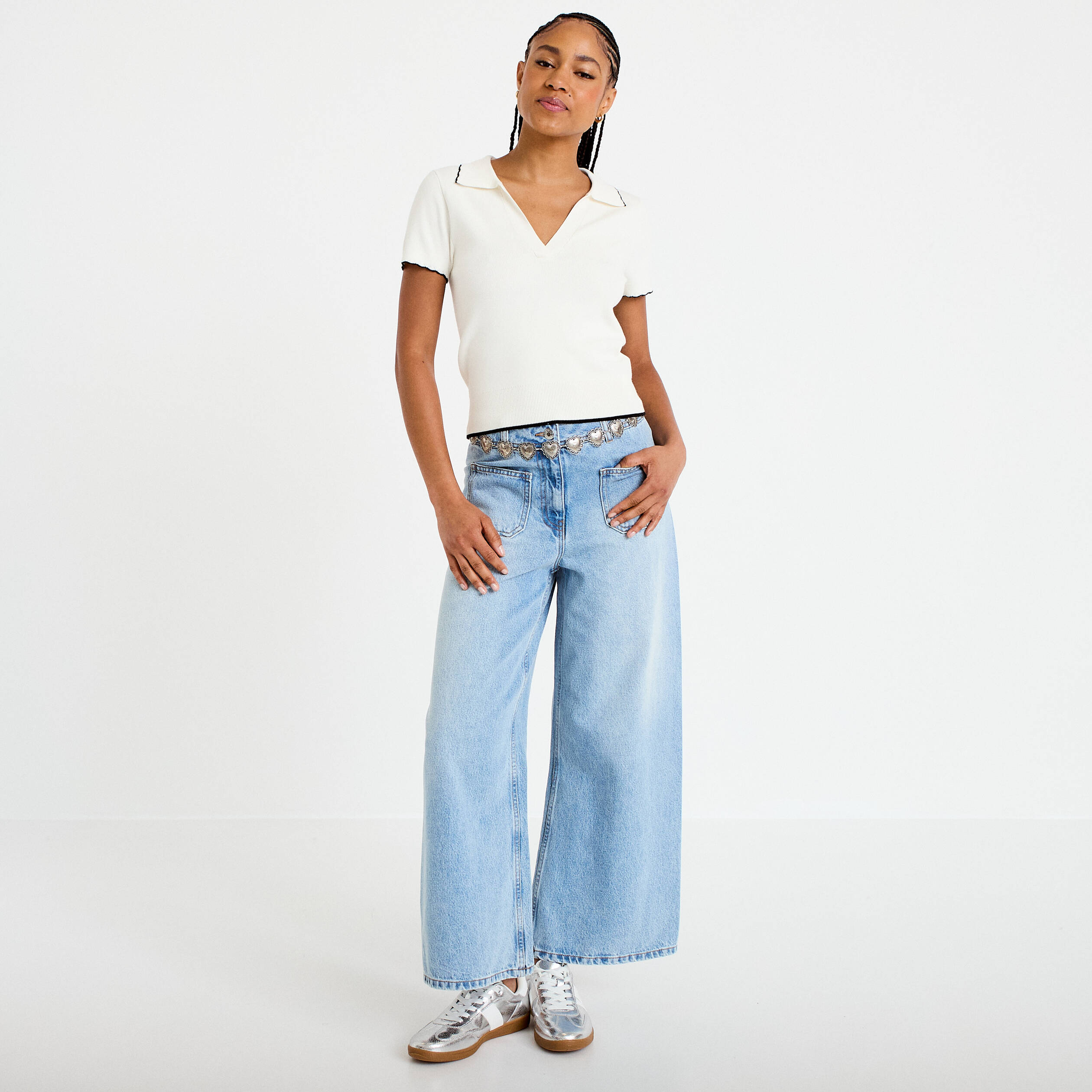 Polo ajust&eacute; manches courtes col chemise ecru femme