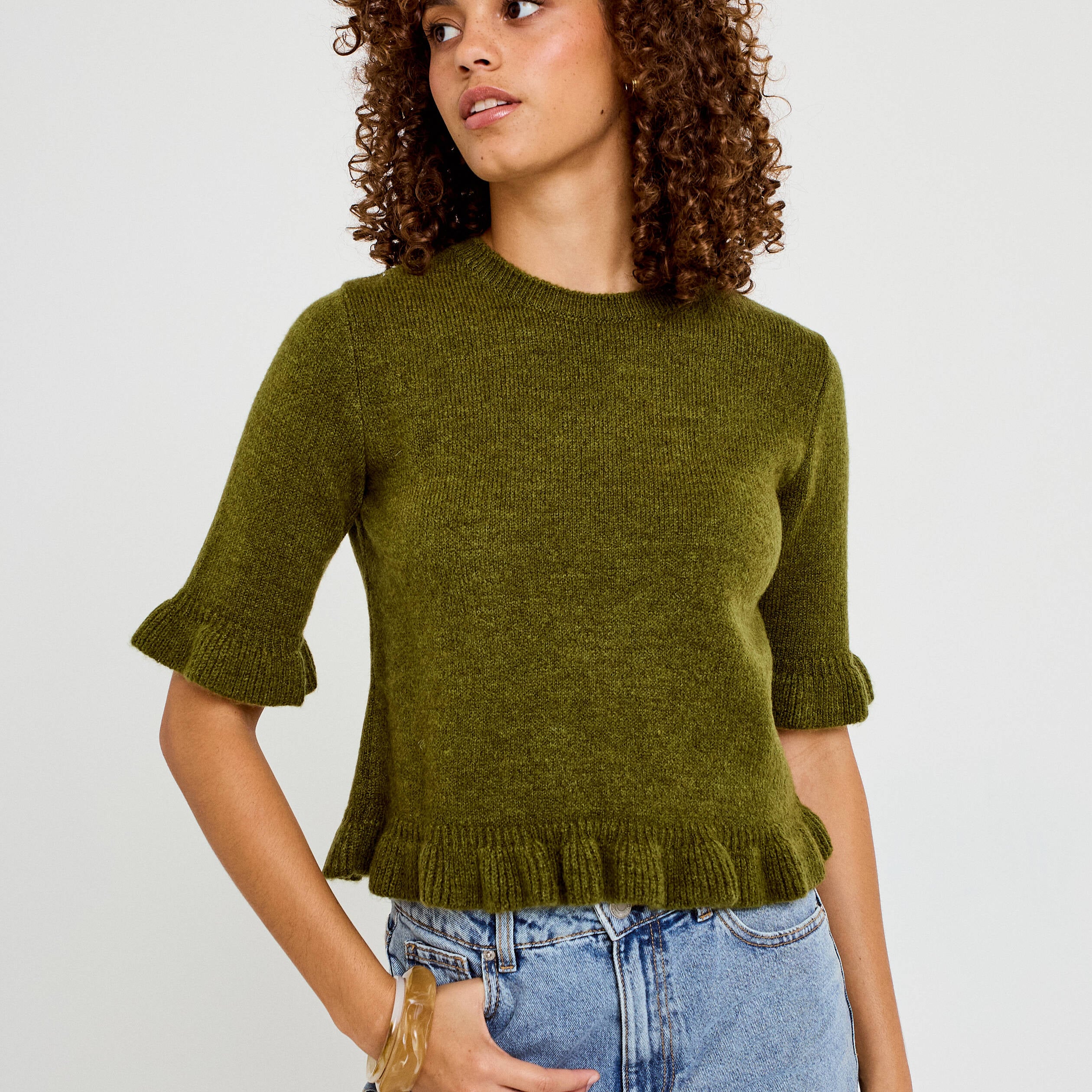 Pull col rond manches courtes vert fonc&eacute; femme