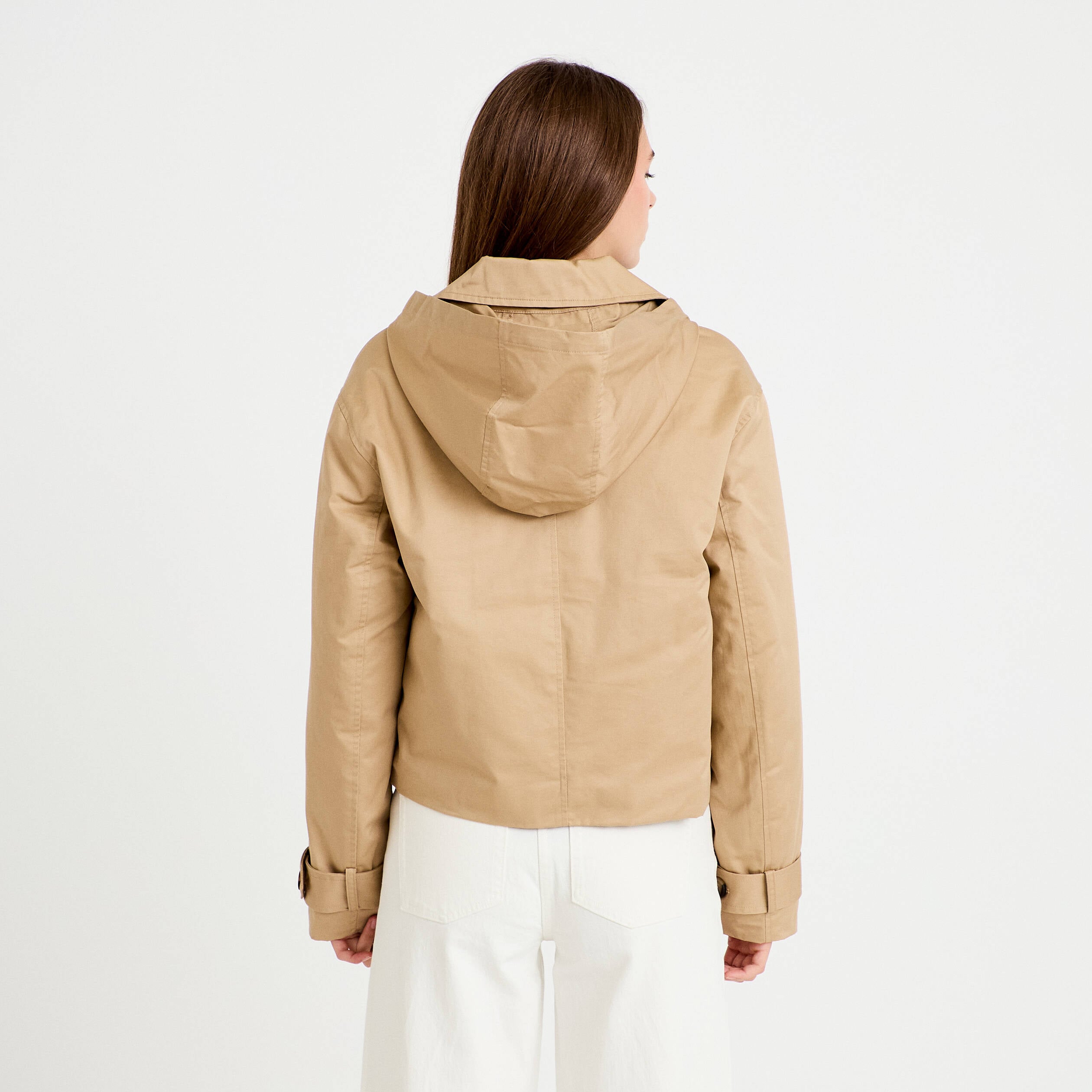 Trench droit court &agrave; capuche amovible beige femme