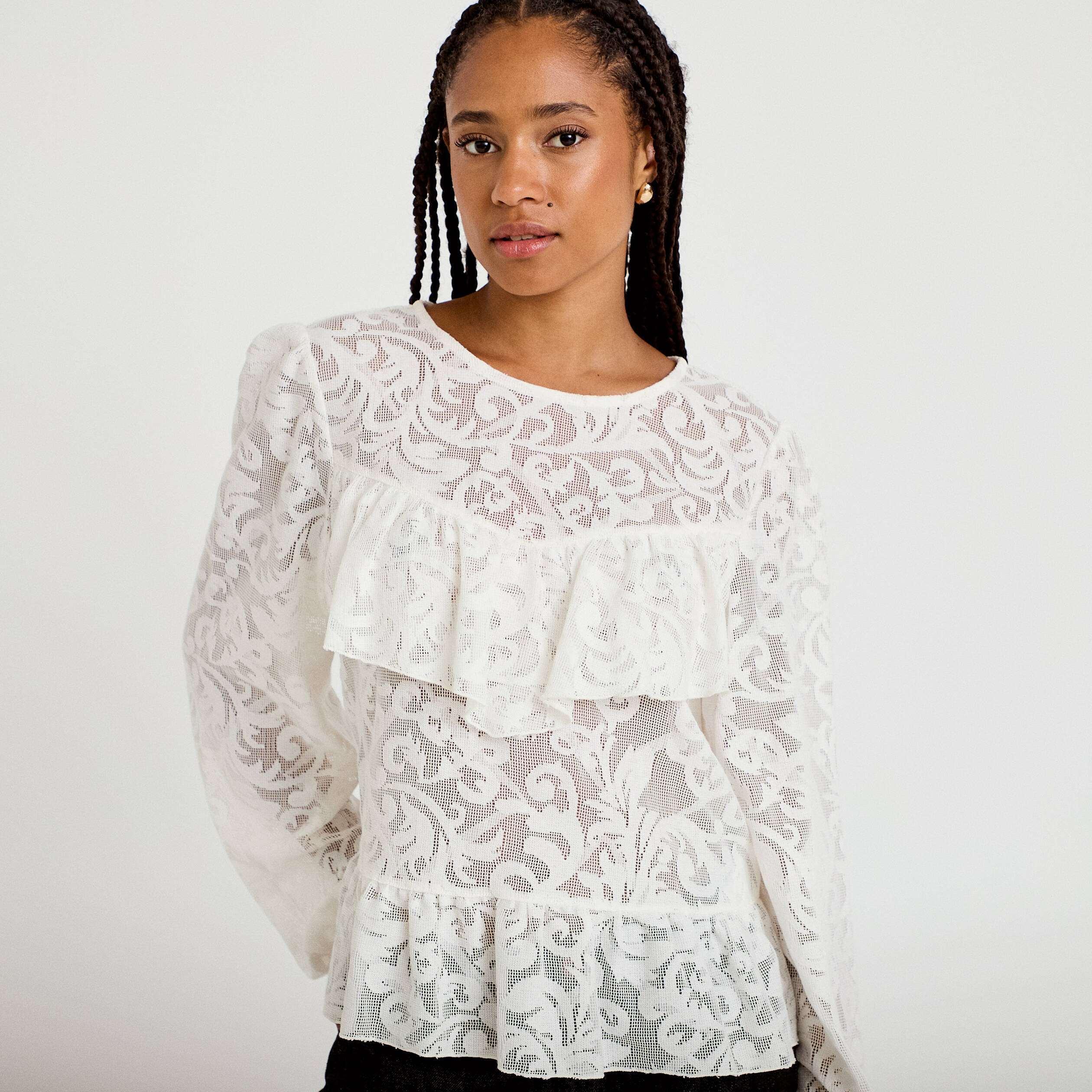 Blouse en dentelle manches longues ecru femme