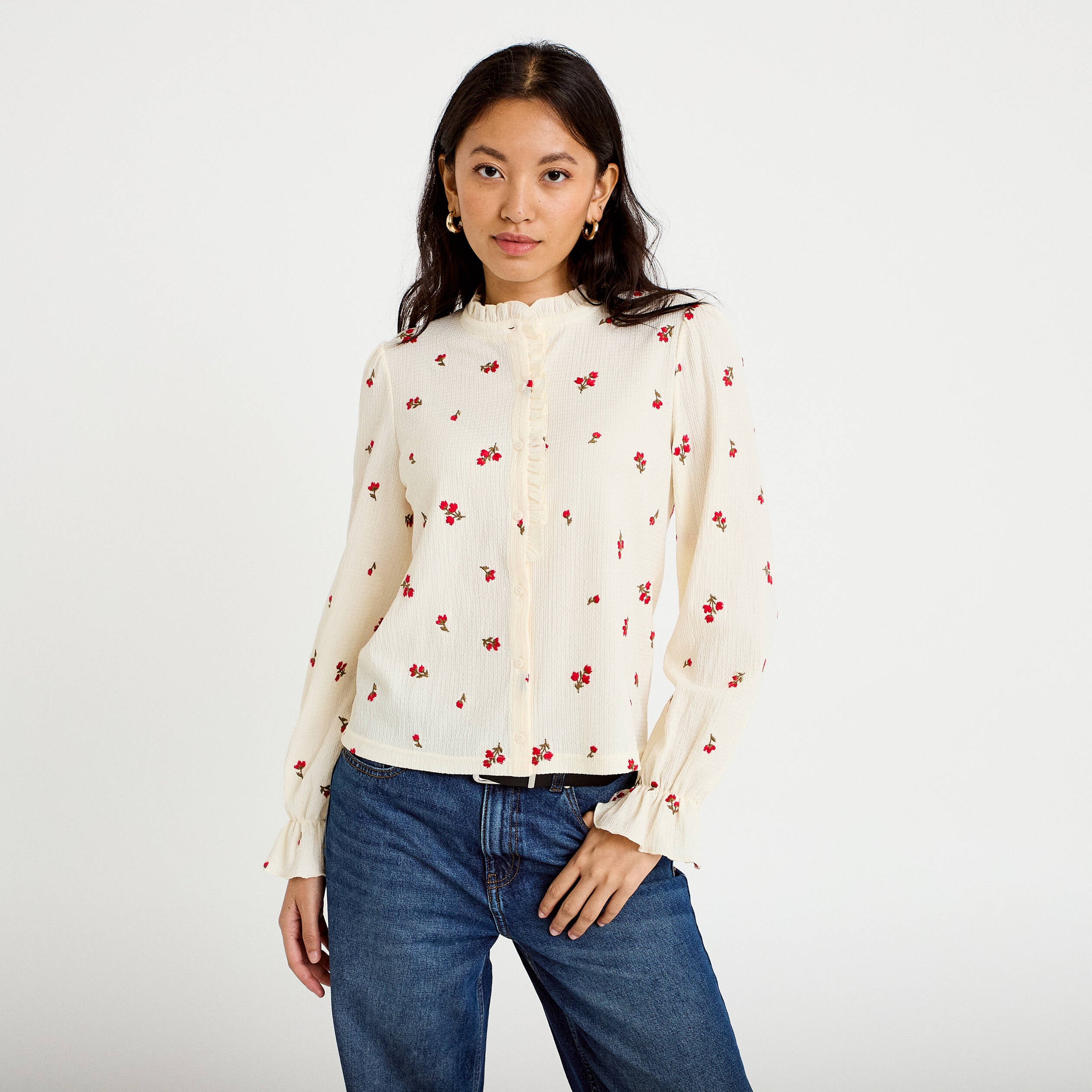 Chemise droite broderie manches longues ecru femme