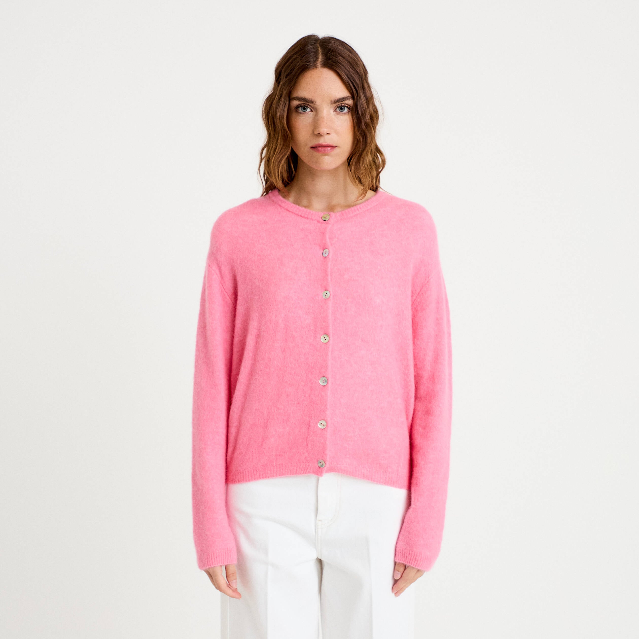 Gilet manches longues rose vif femme