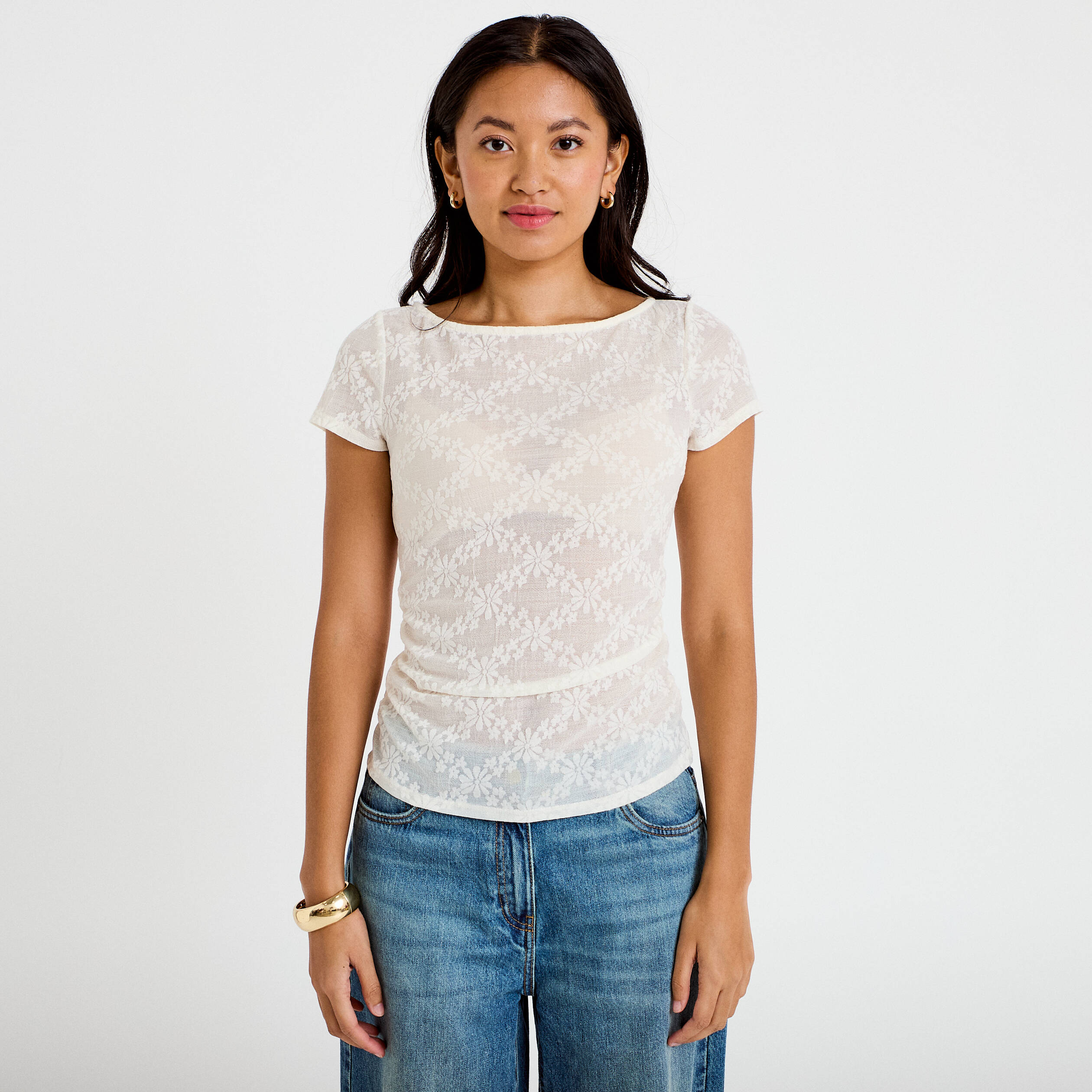T-shirt ajust&eacute; dentelle col bateau ecru femme
