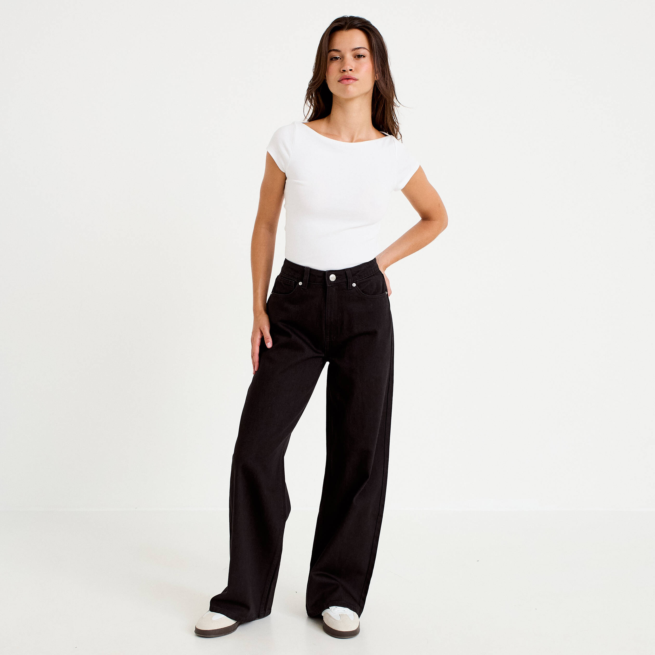 Jean wide leg taille haute denim noir femme