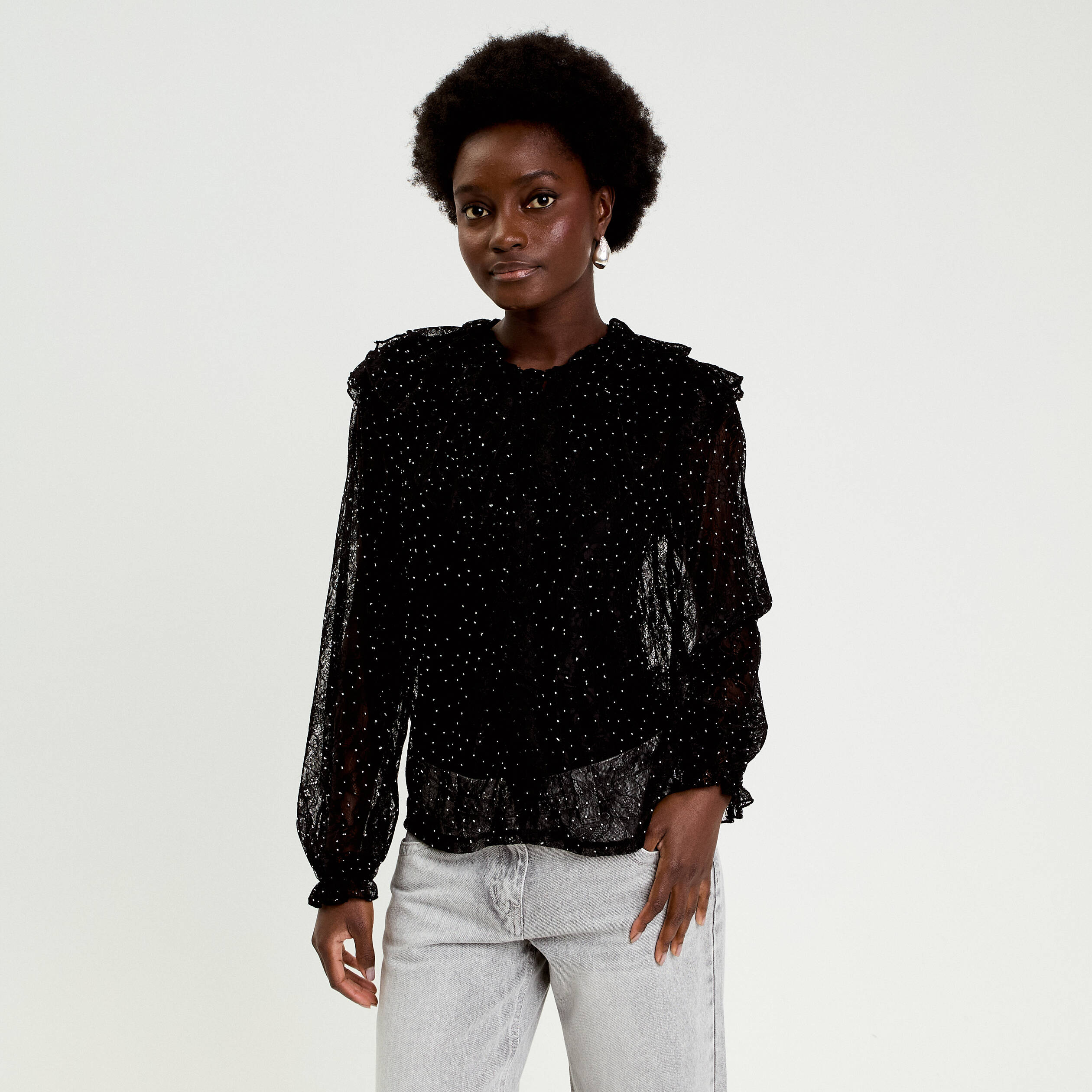 Blouse dentelle et studs noir femme