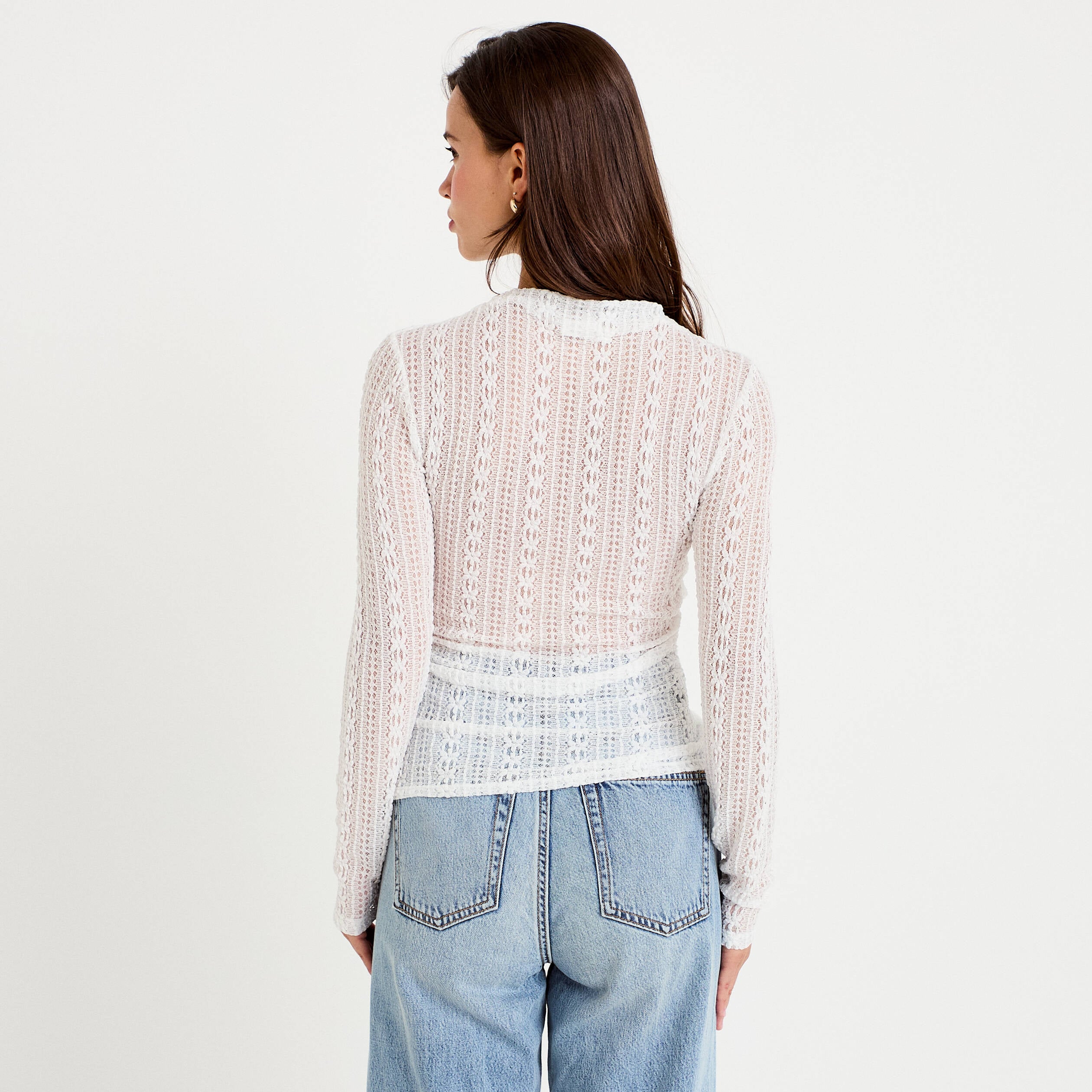 Top ajust&eacute; col montant dentelle ecru femme