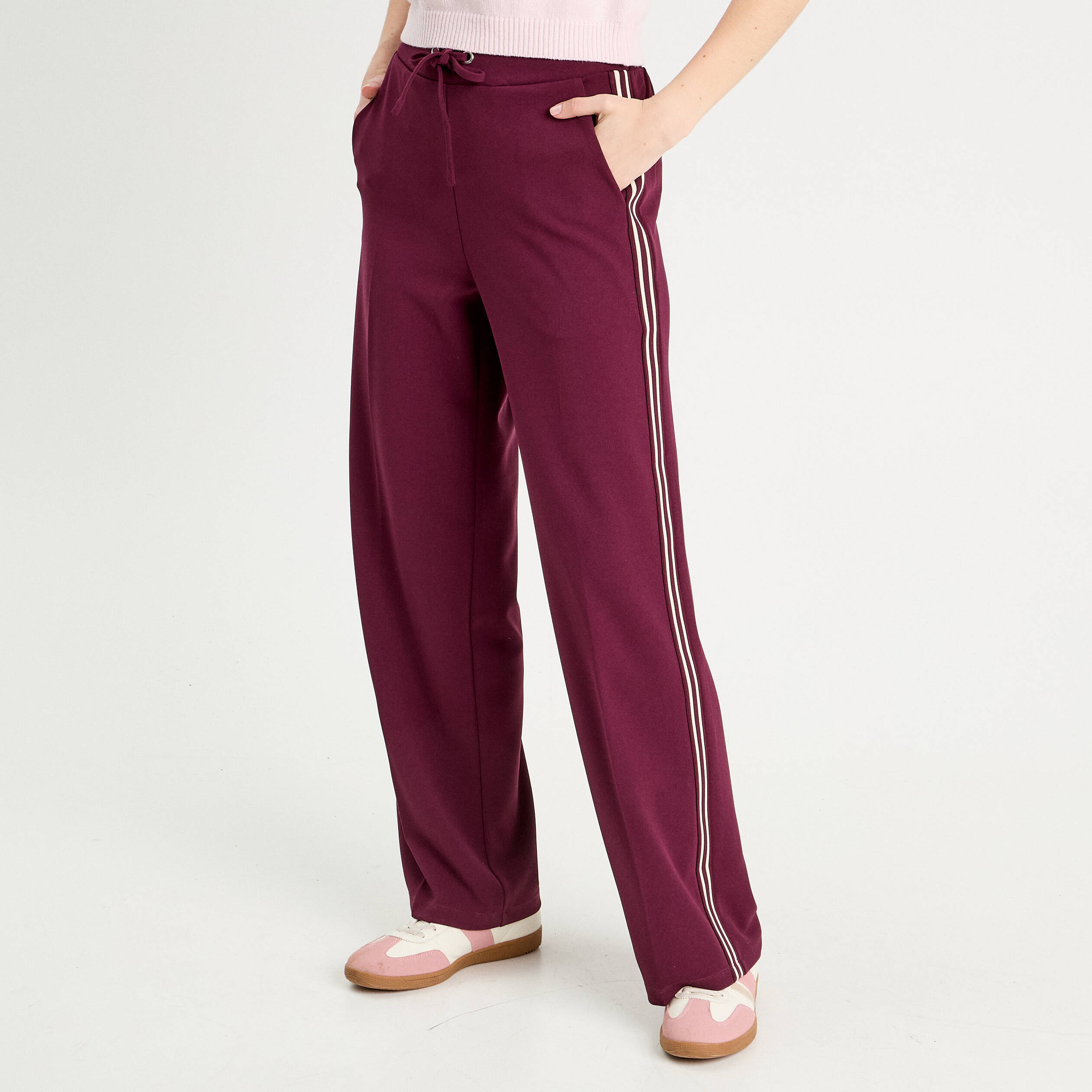 pantalon large avec bandes prune femme Pantalon large avec bandes prune femme