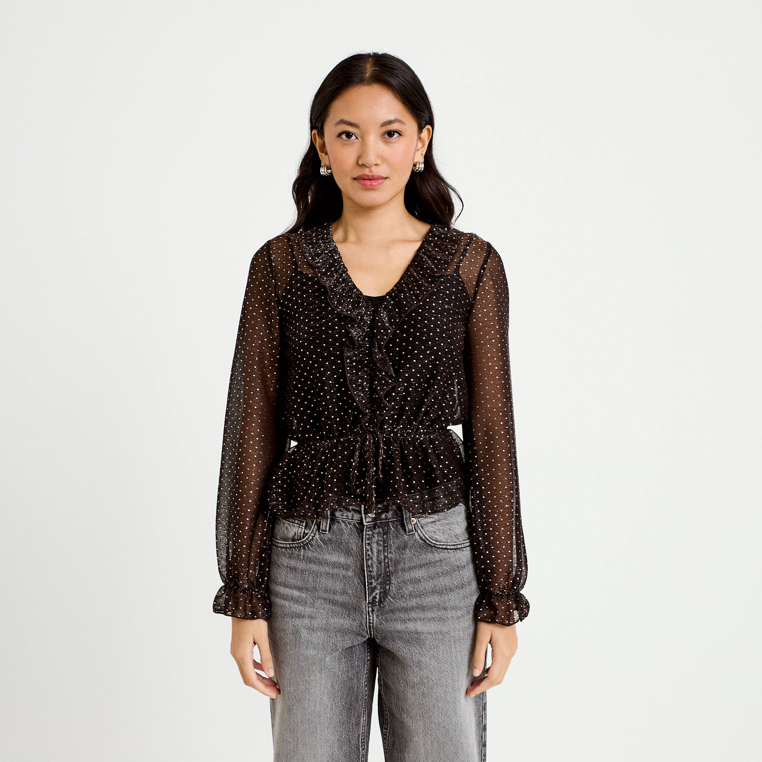 Blouse d&eacute;collet&eacute; manches longues marron fonc&eacute; femme