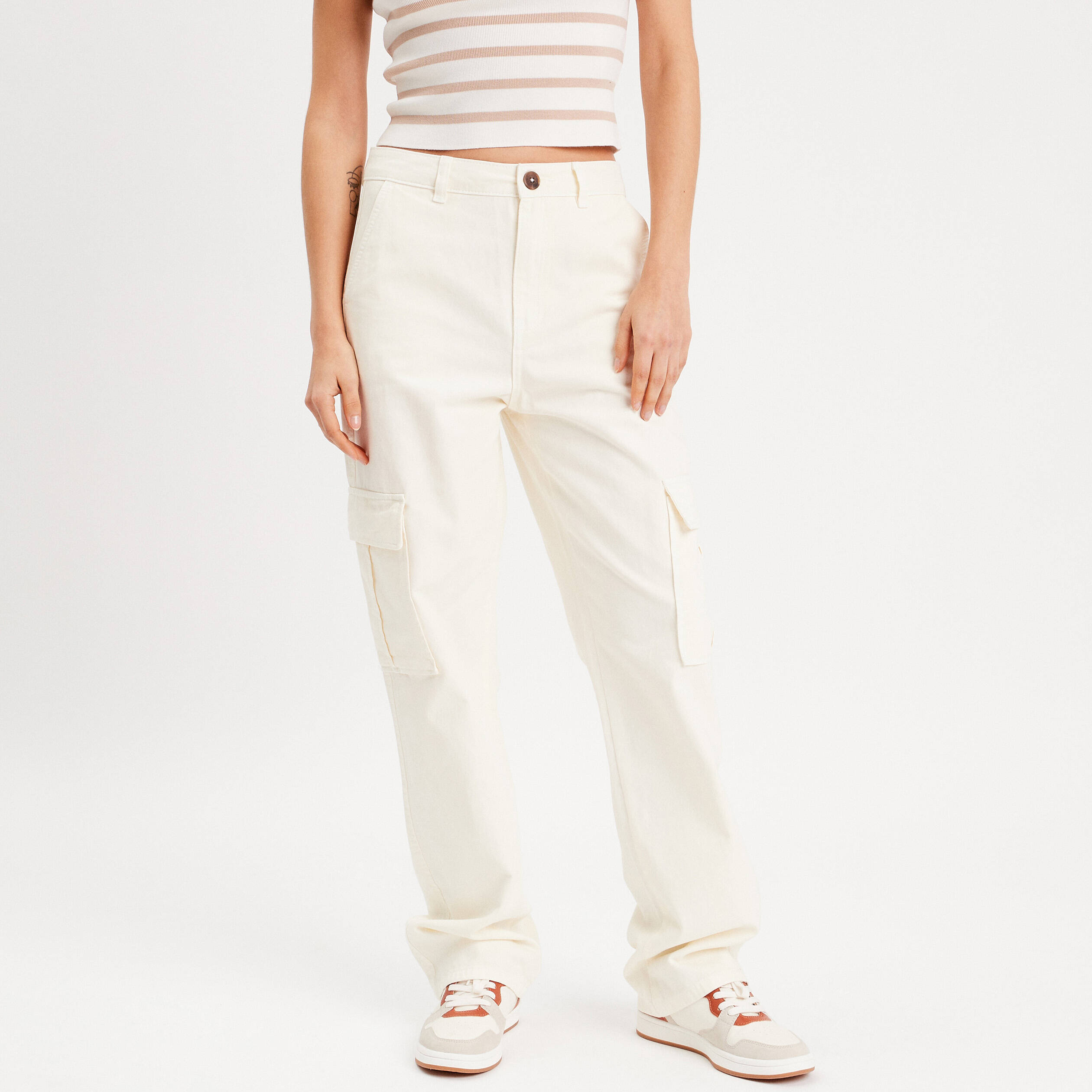 Pantalon large cargo ecru femme