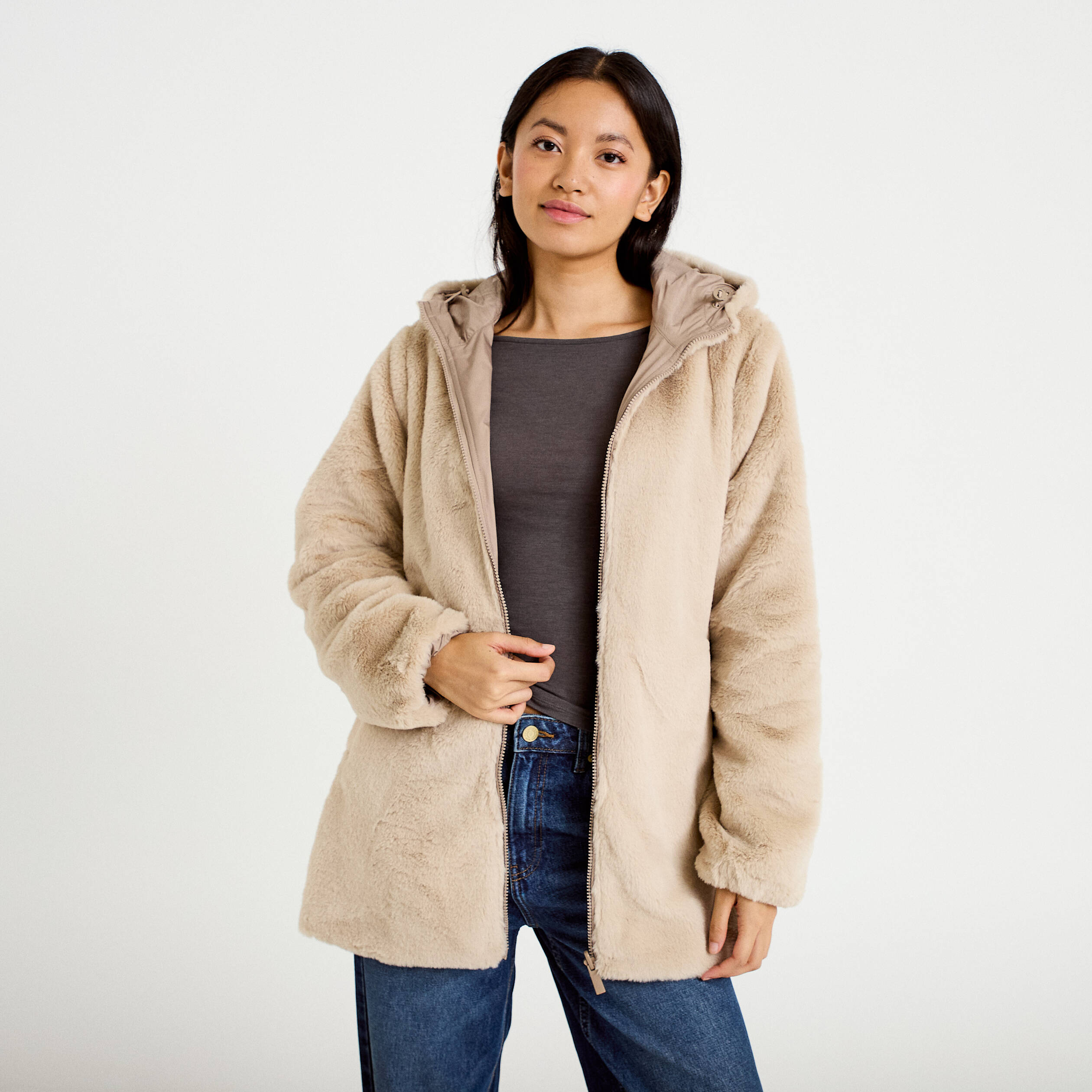 Parka r&eacute;versible 3/4 &agrave; capuche beige femme
