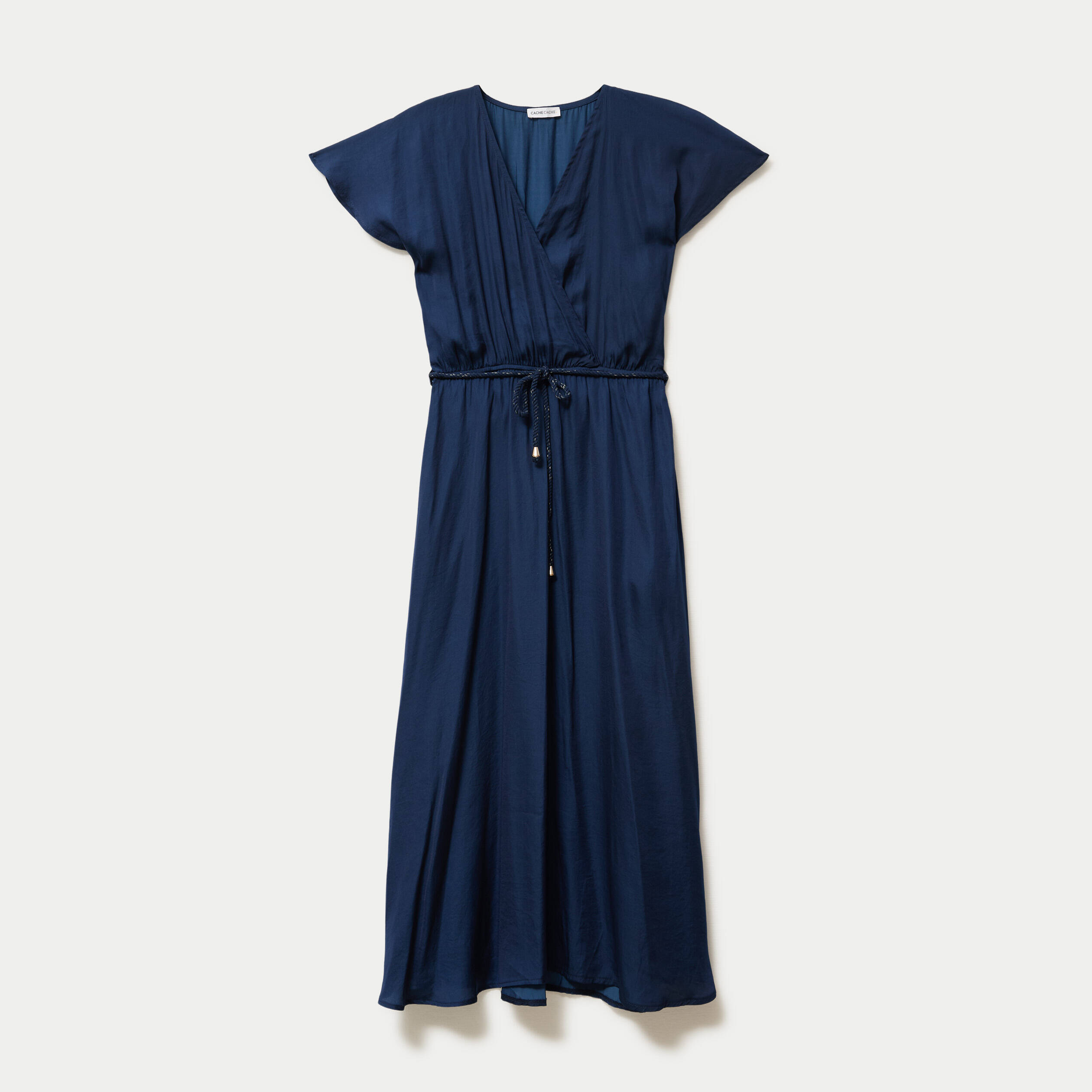 Robe longue &eacute;vas&eacute;e col v satin&eacute;e bleu marine femme
