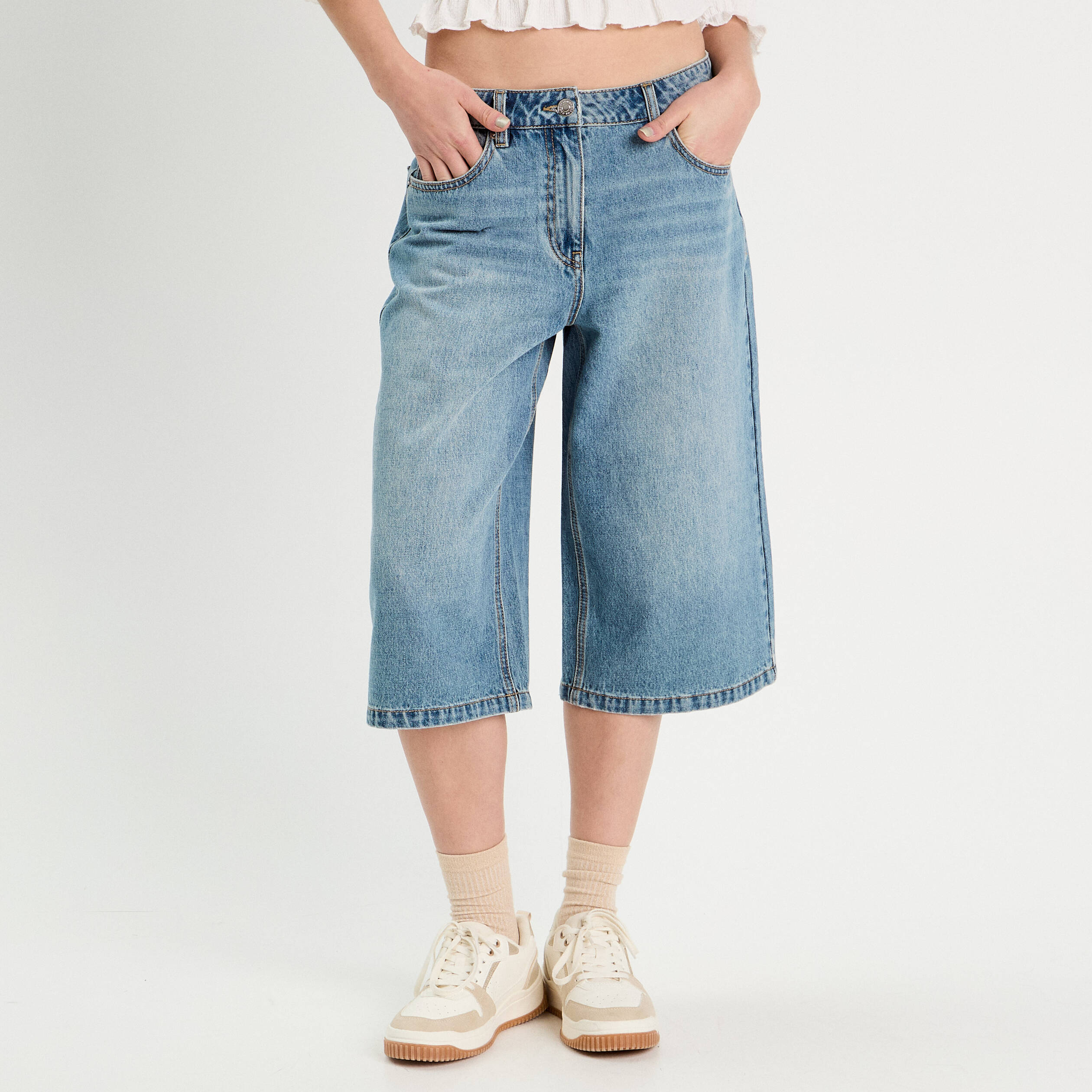 Bermuda large en jean denim double stone femme