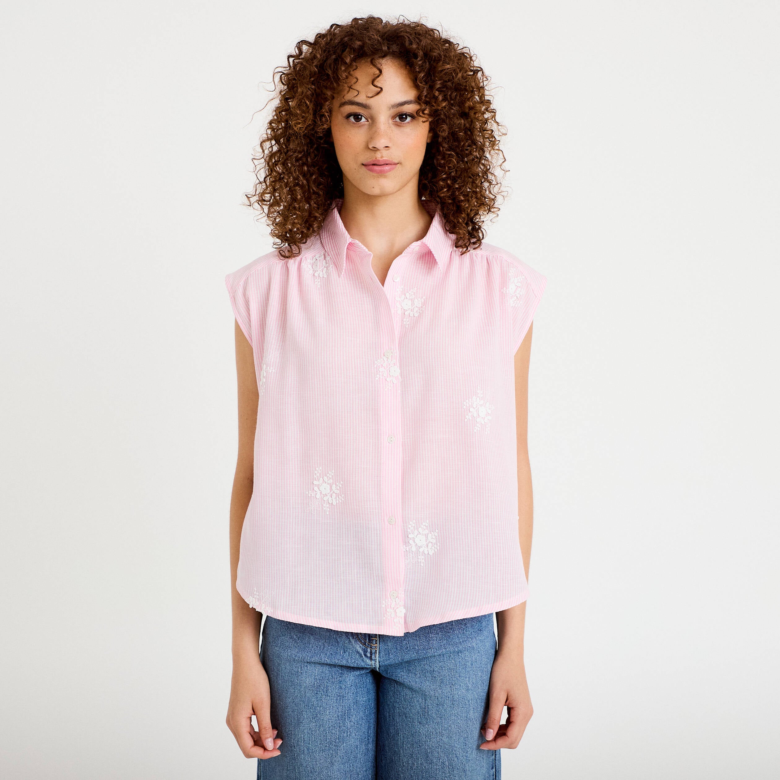 Chemise sans manches col classique rose femme