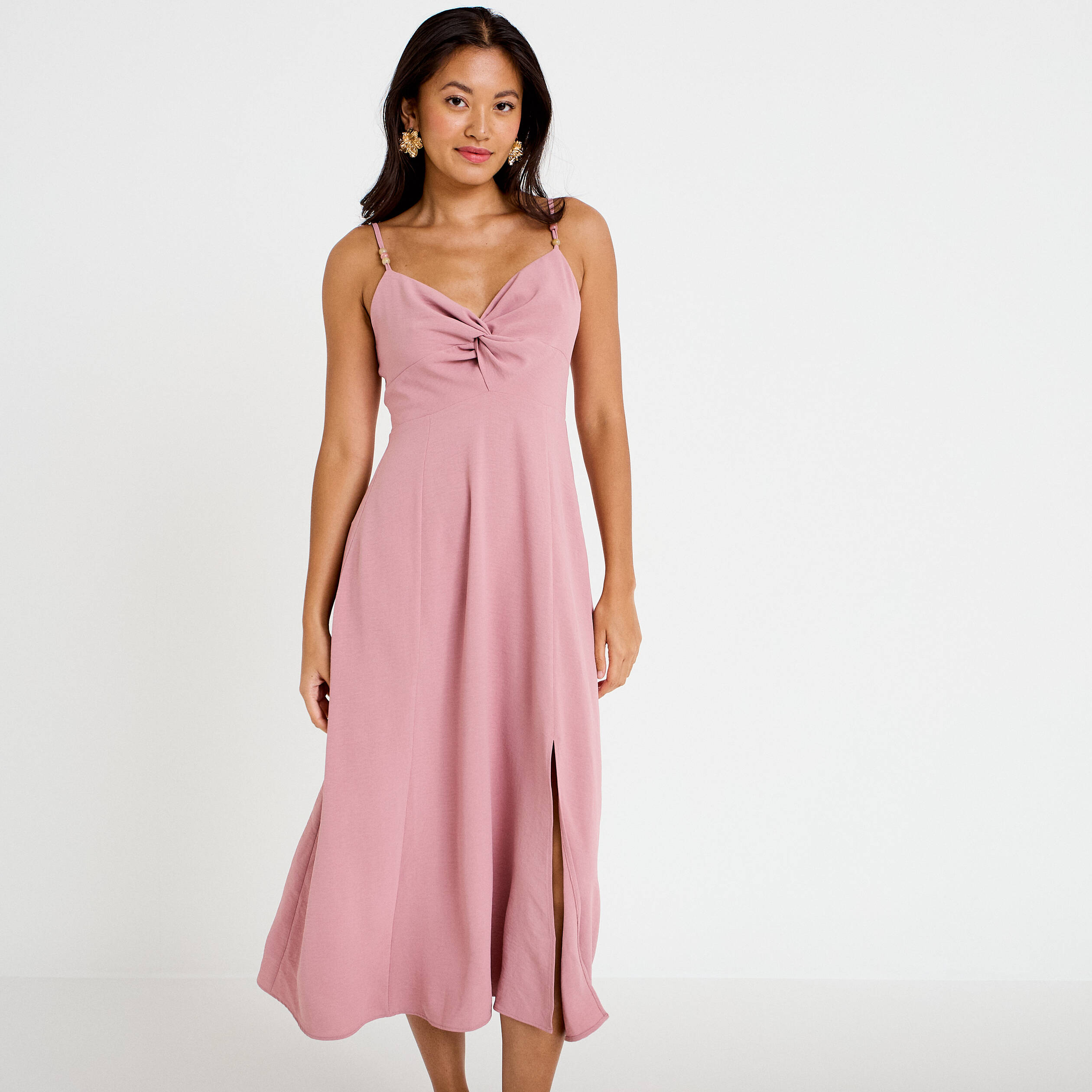 Robe longue &eacute;vas&eacute;e fendue vieux rose femme