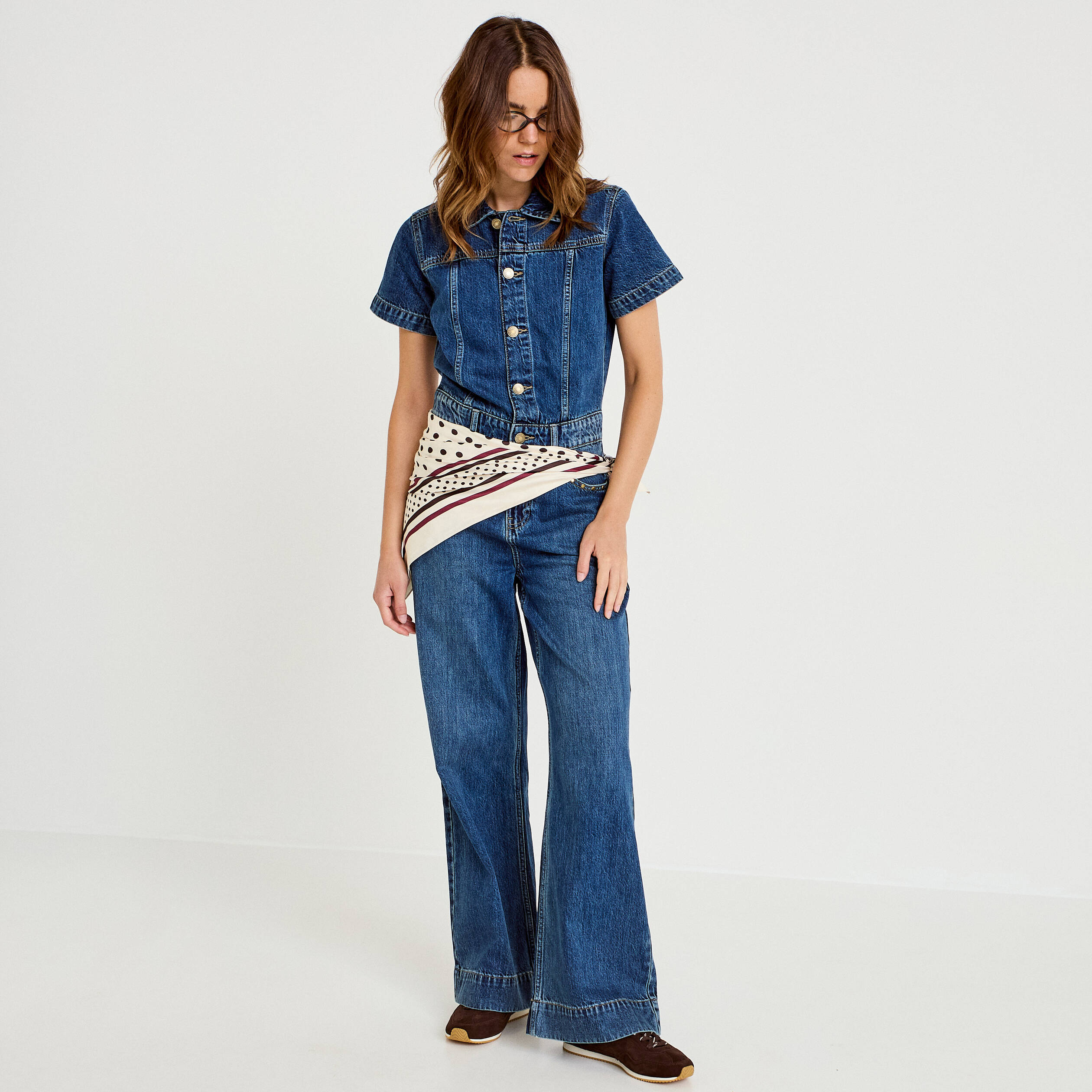 Combinaison jean flare col am&eacute;ricain denim stone femme