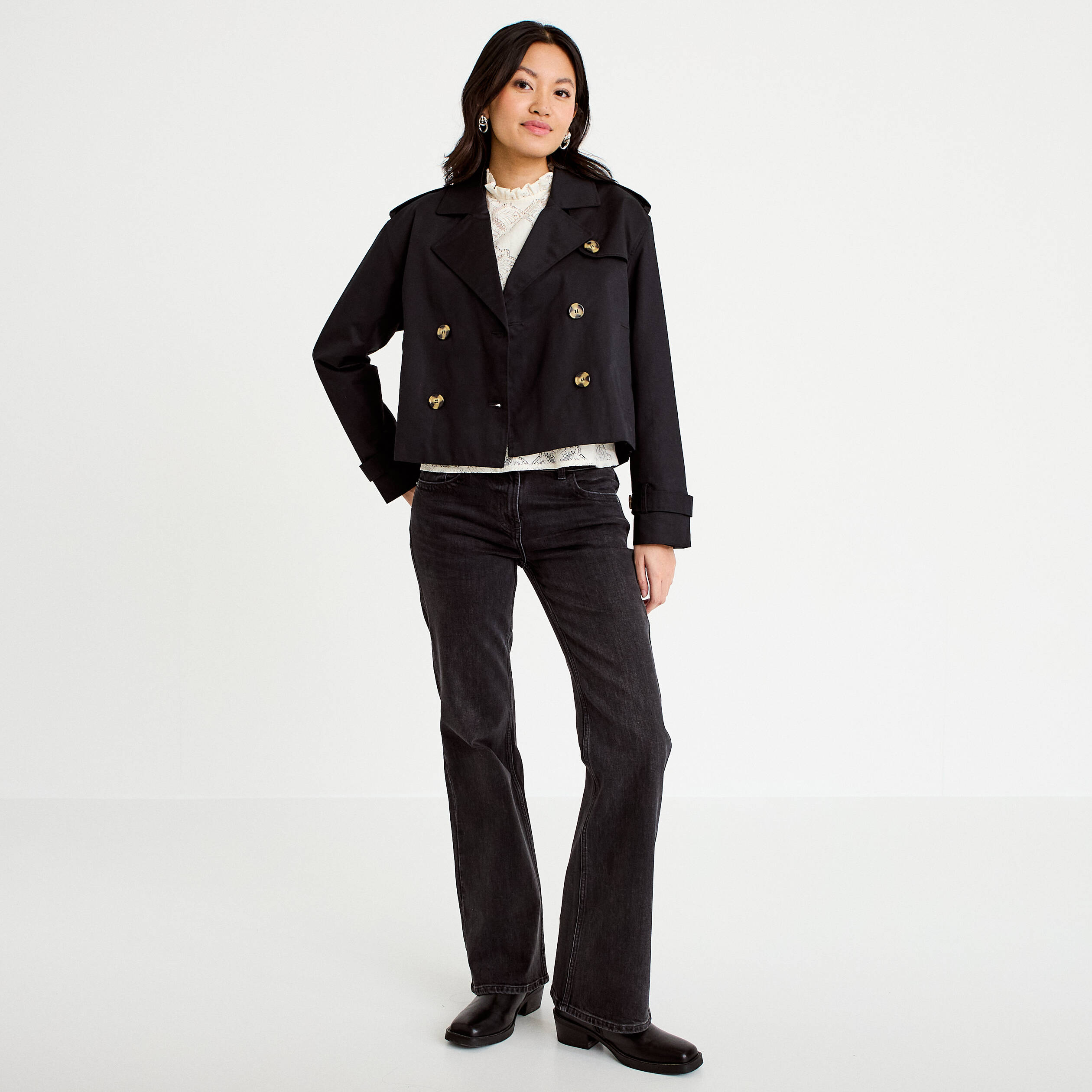 Trench droit court col tailleur noir femme