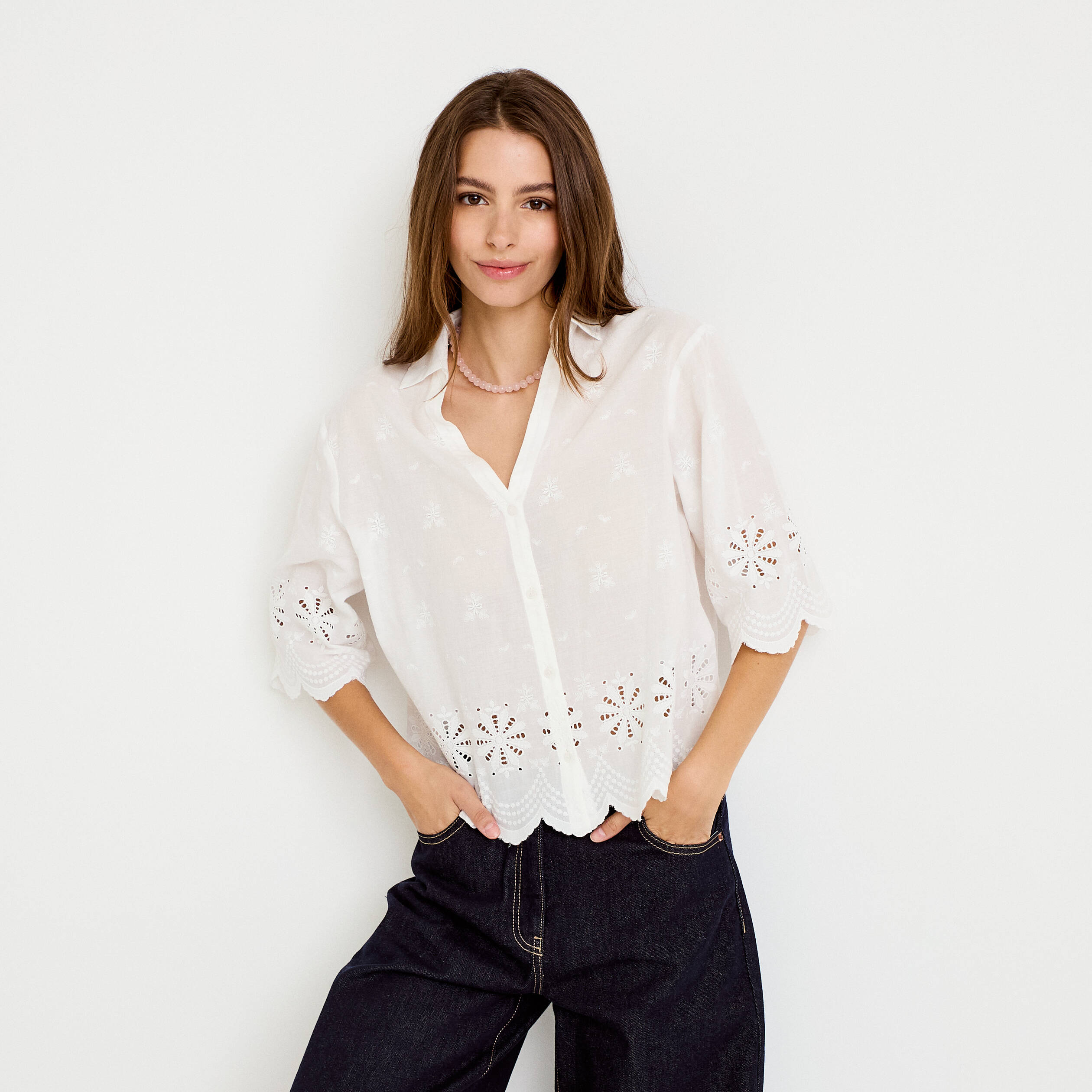 Chemise droite col classique manches 3/4 ecru femme