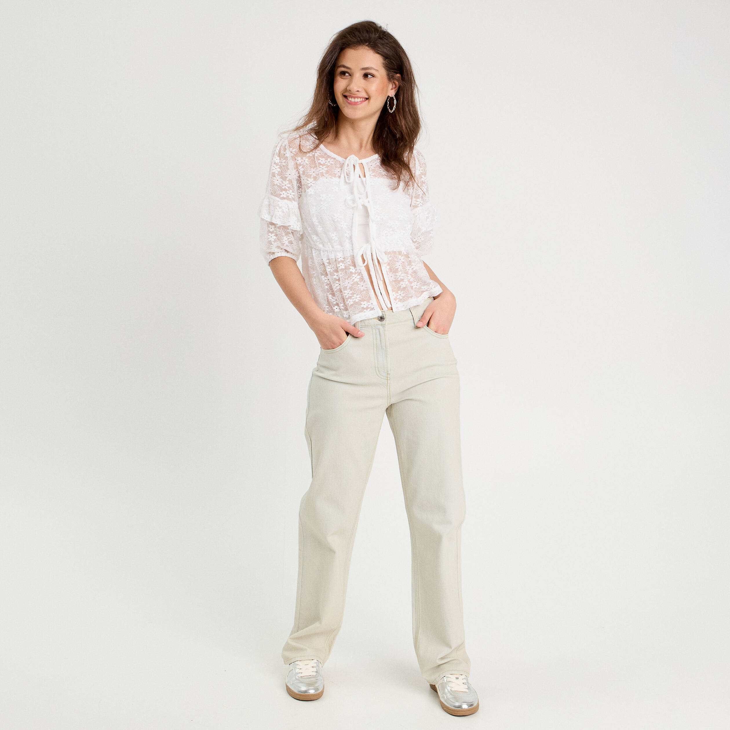 Jeans droit 5 poches denim bleach femme