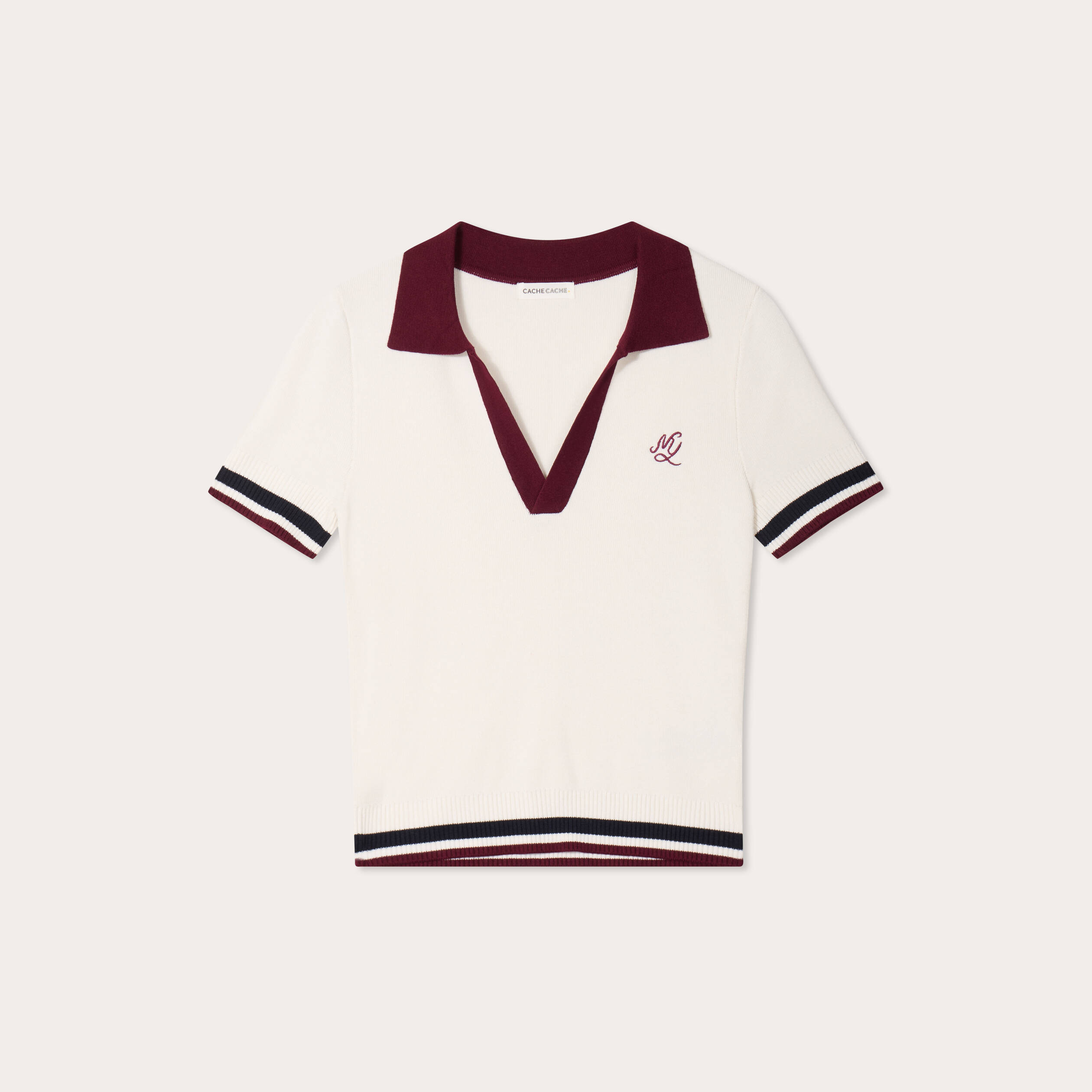 Pull manches courtes col polo ecru femme