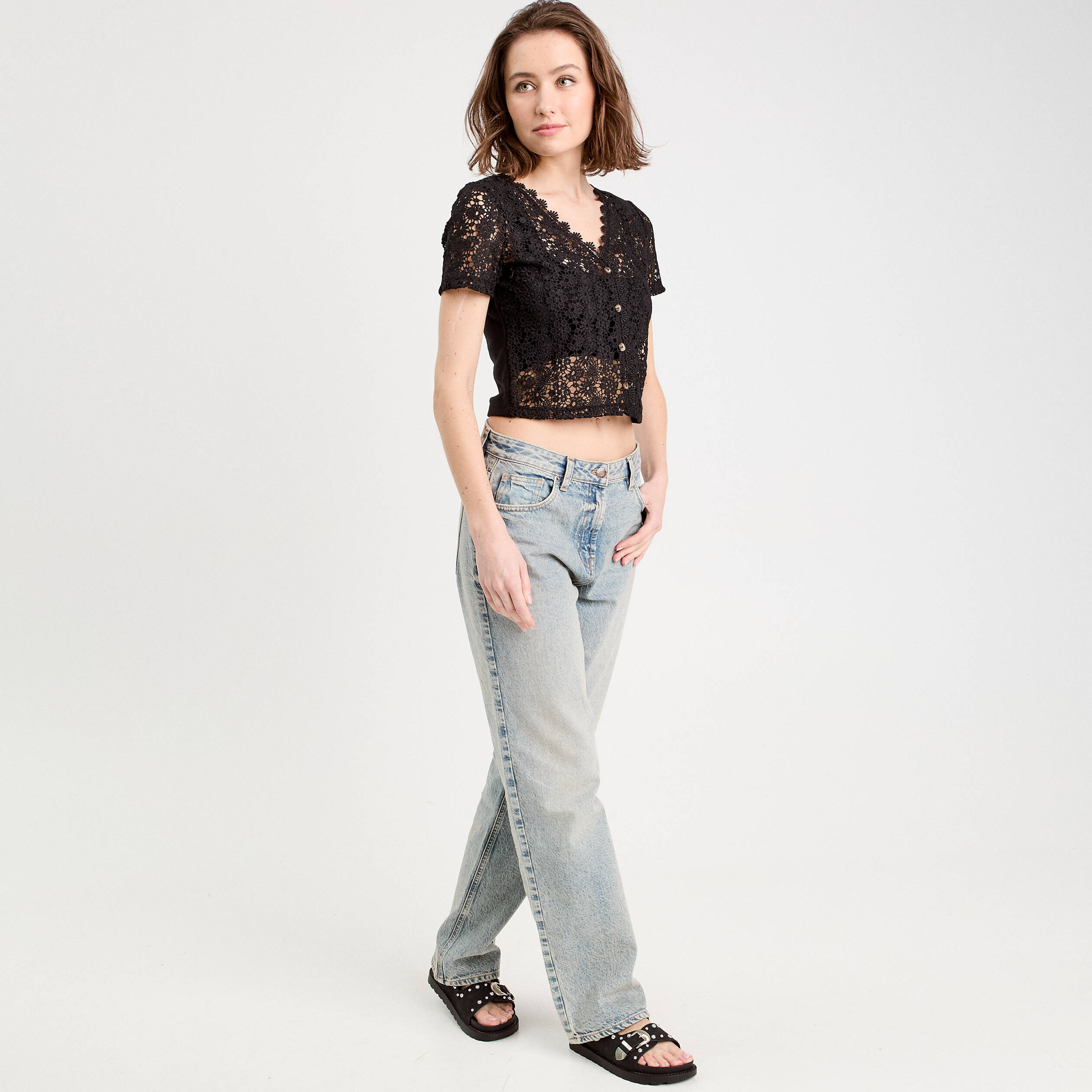 top macrame boutonne noir femme Top macramé boutonné noir femme