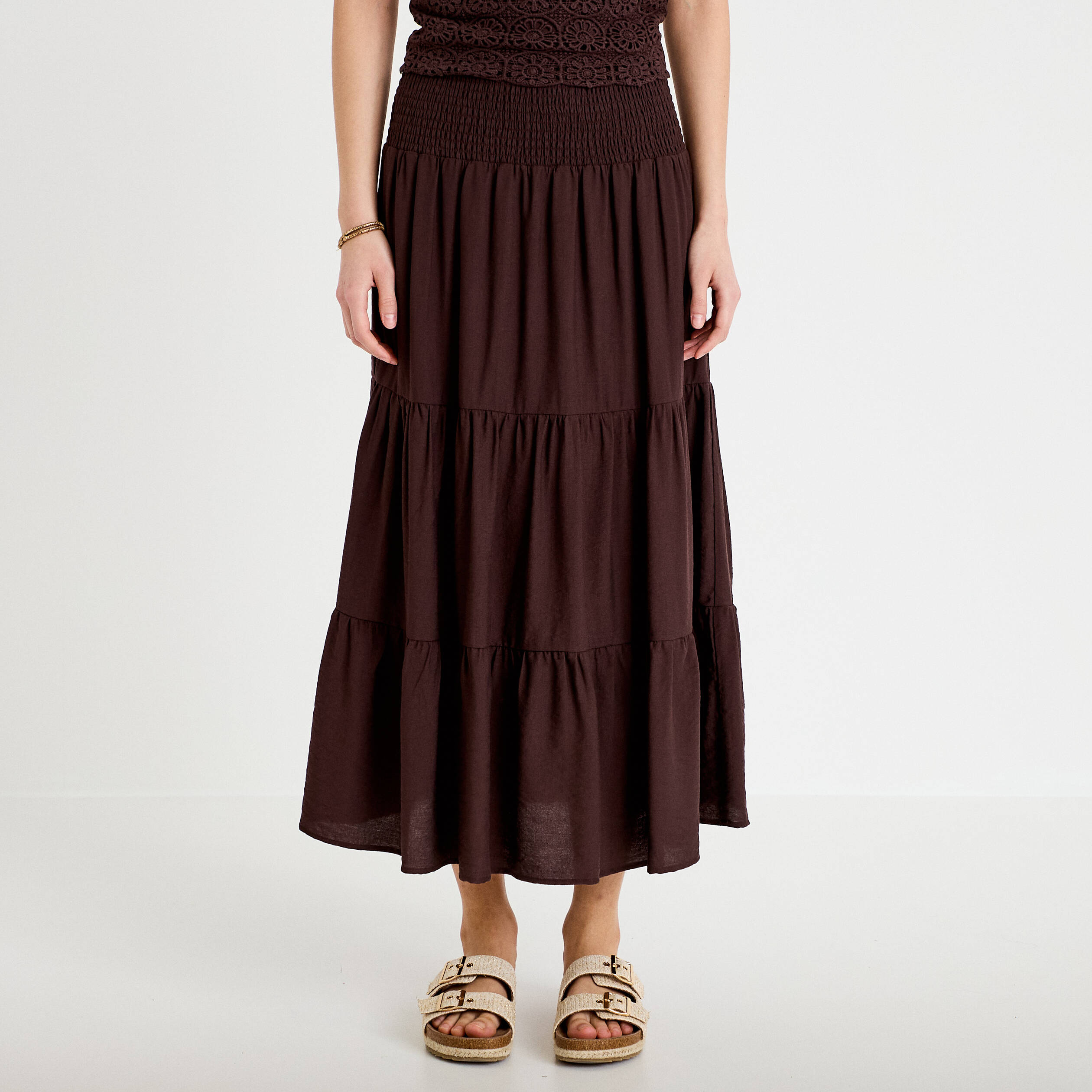 Jupon &eacute;vas&eacute; taille haute marron fonc&eacute; femme