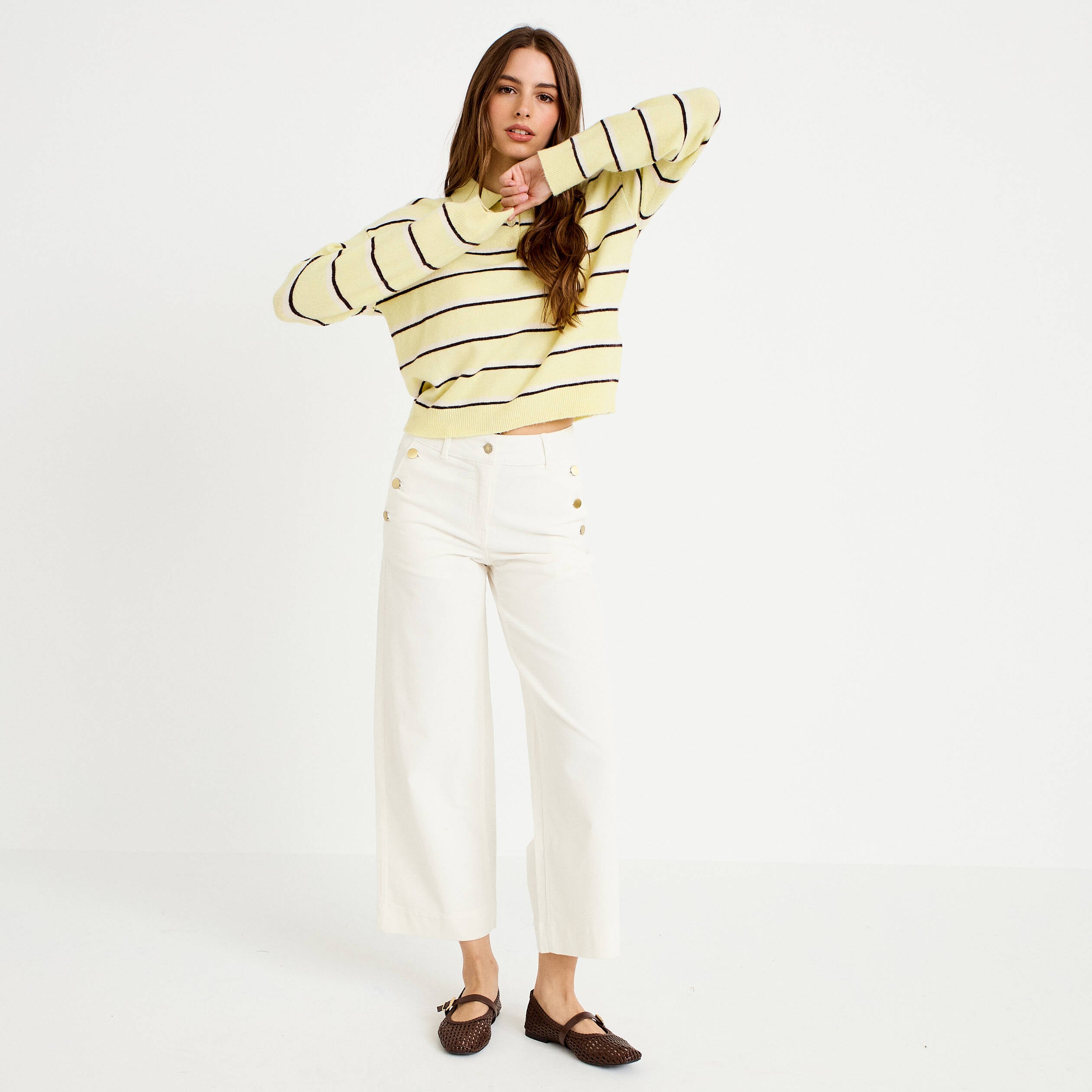 Pantalon bootcut taille haute velours ecru femme