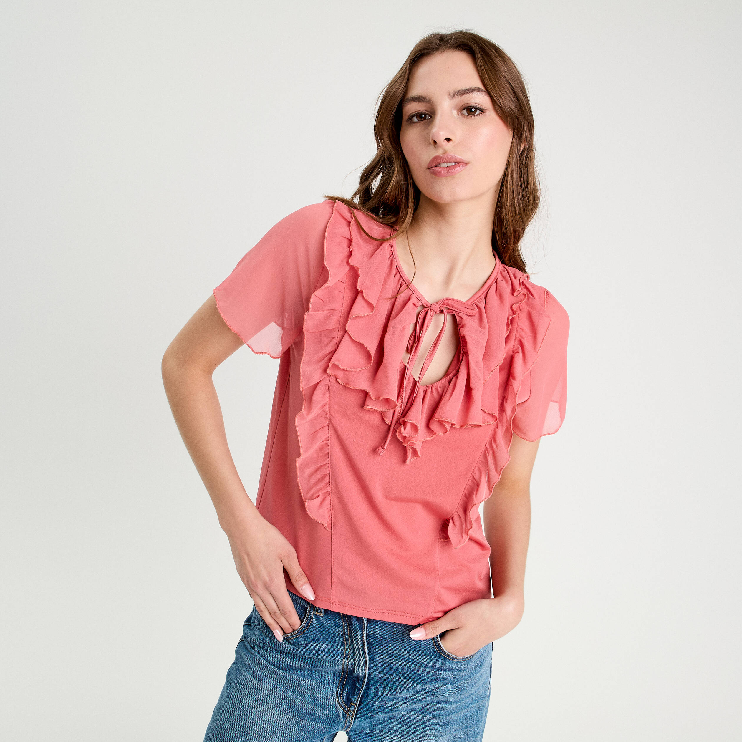 Blouse volants rose pastel femme