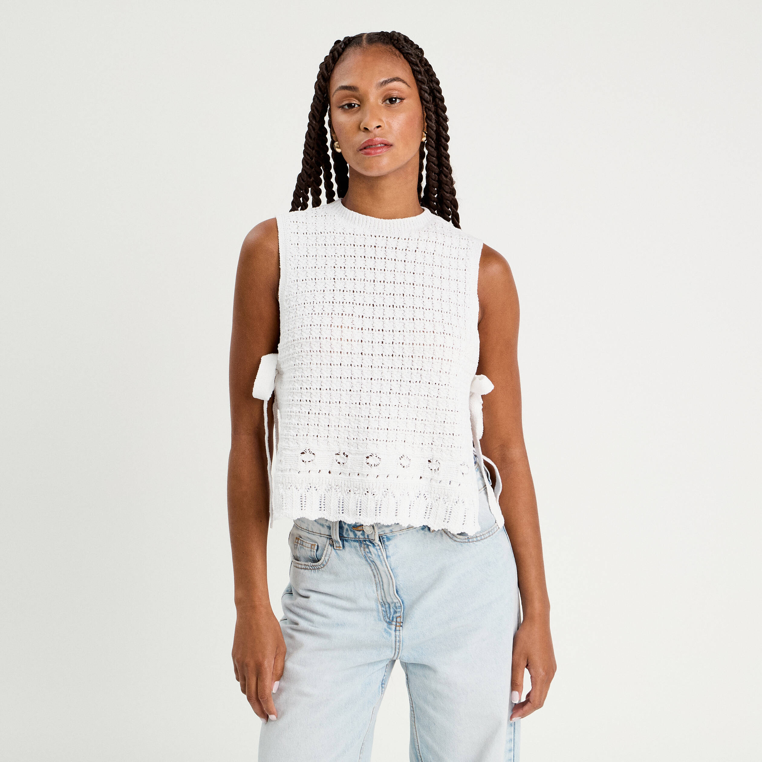 debardeur ajoure noue blanc femme Débardeur ajouré noué blanc femme