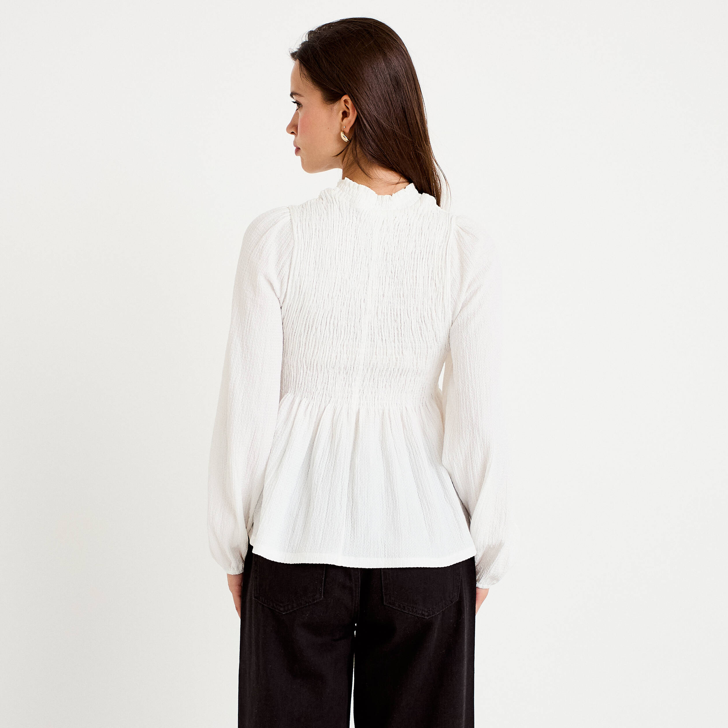 Blouse droite manches longues pliss&eacute;e ecru femme