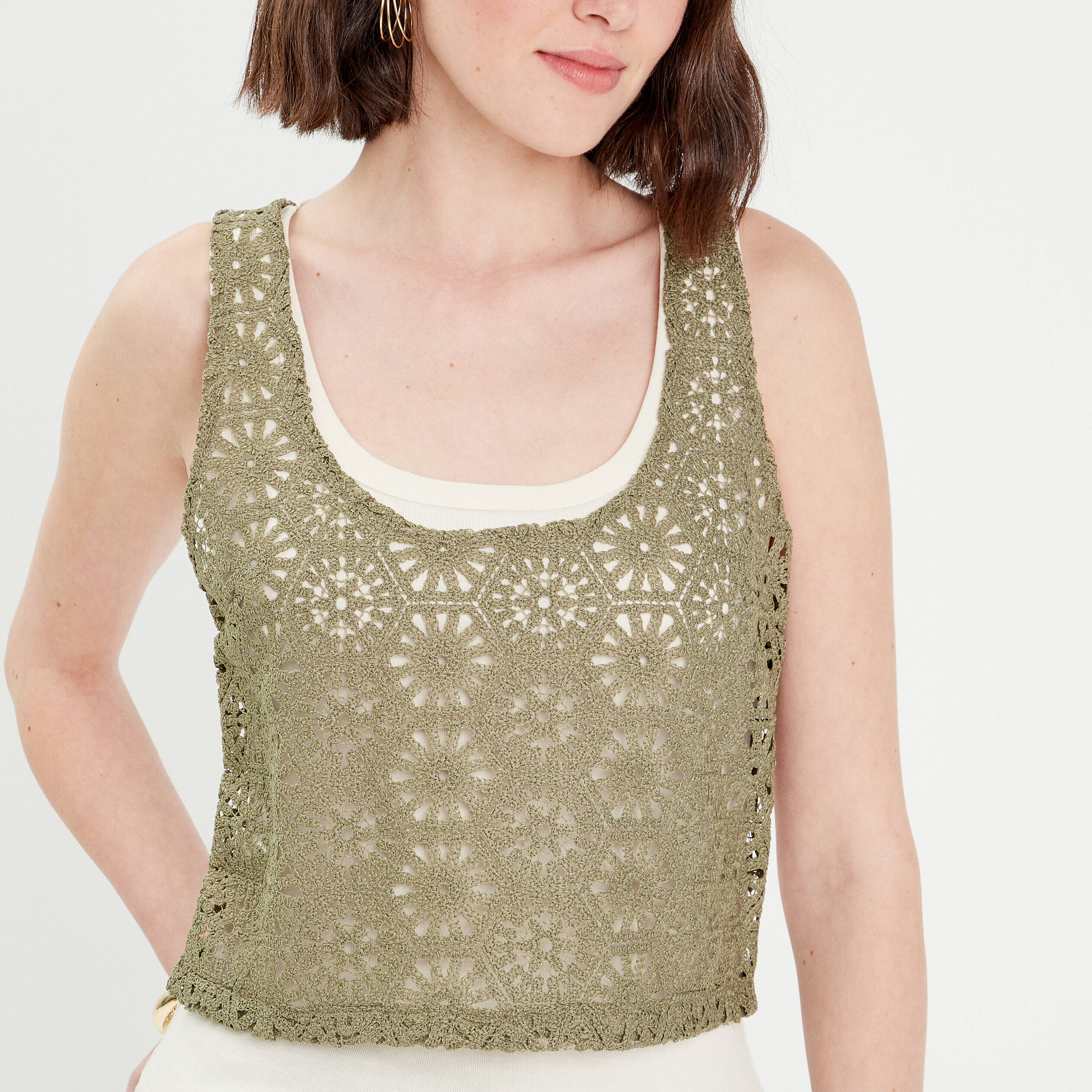 debardeur 2 en 1 crochet vert kaki femme Débardeur 2-en-1 crochet vert kaki femme