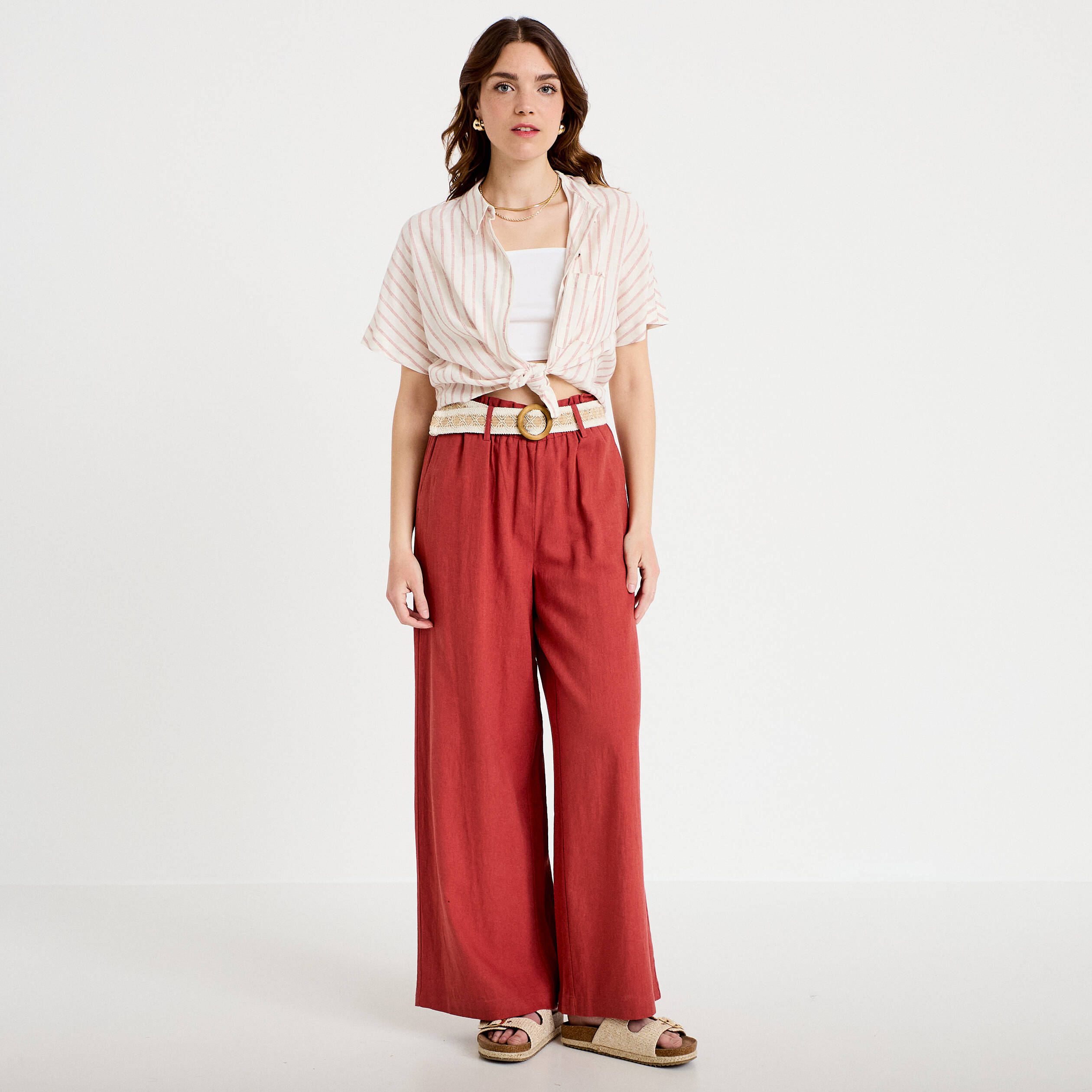 Pantalon large avec ceinture amovible vieux rose femme
