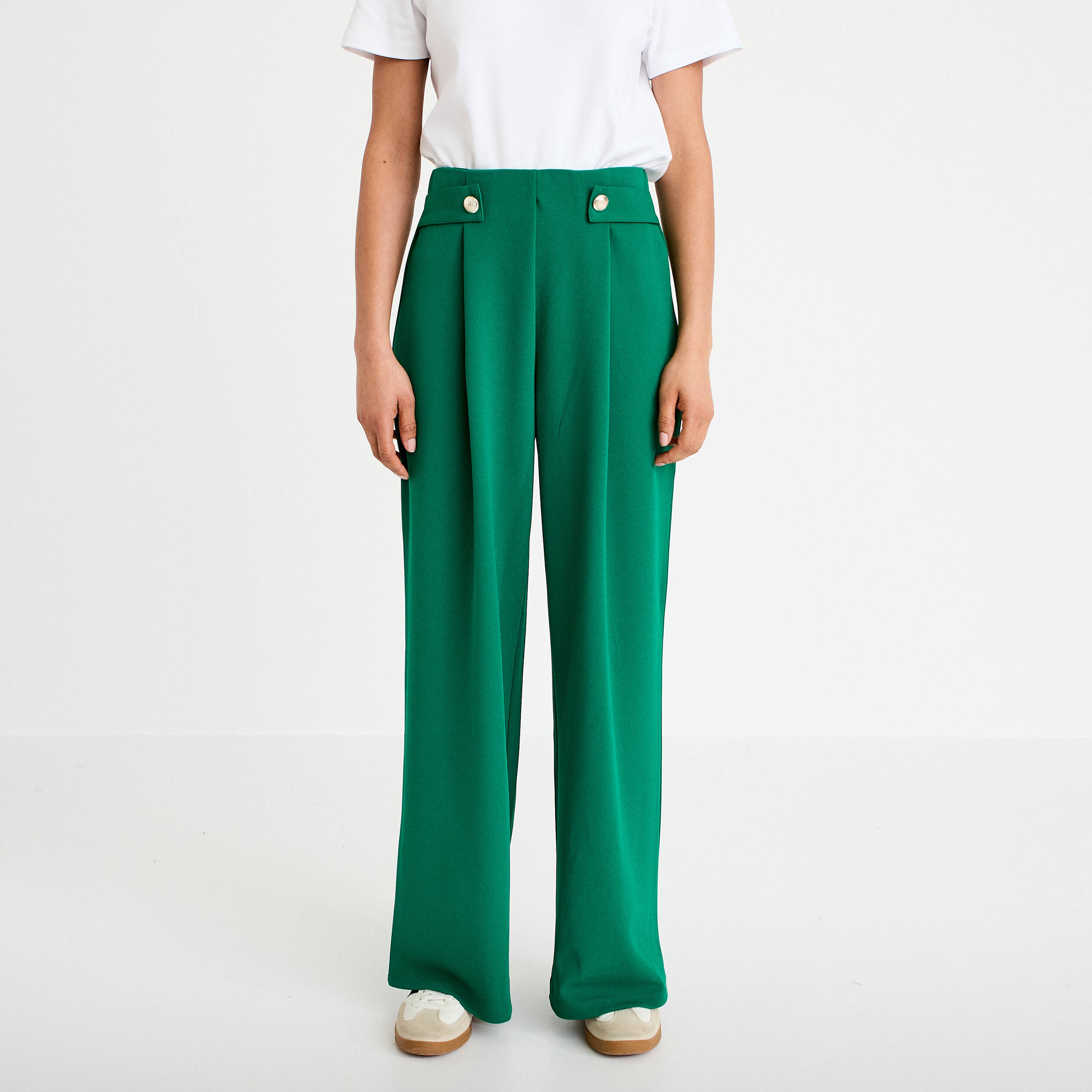 Pantalon large taille haute fluide vert femme
