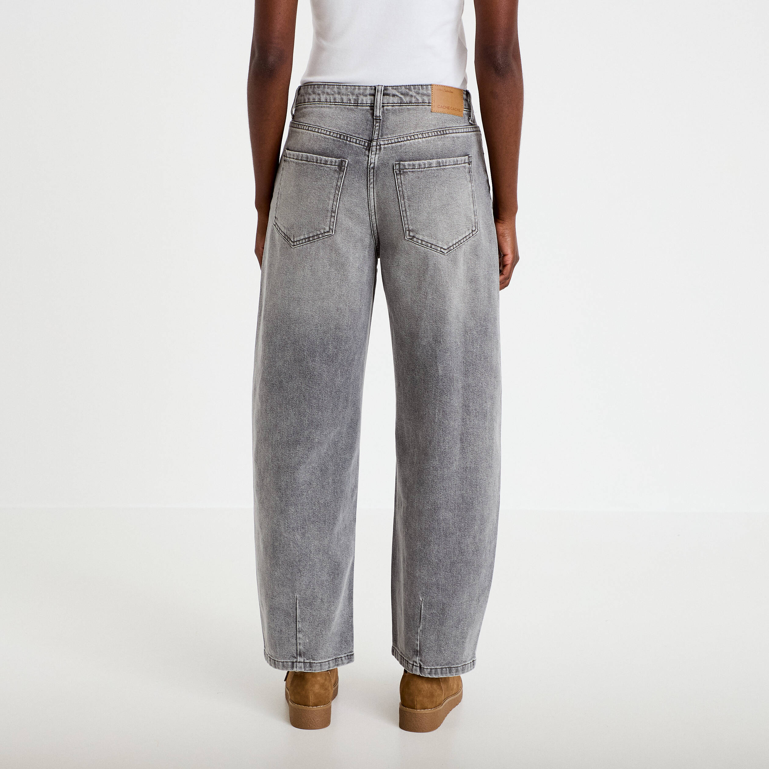 Jean barrel cropped taille standard denim gris femme
