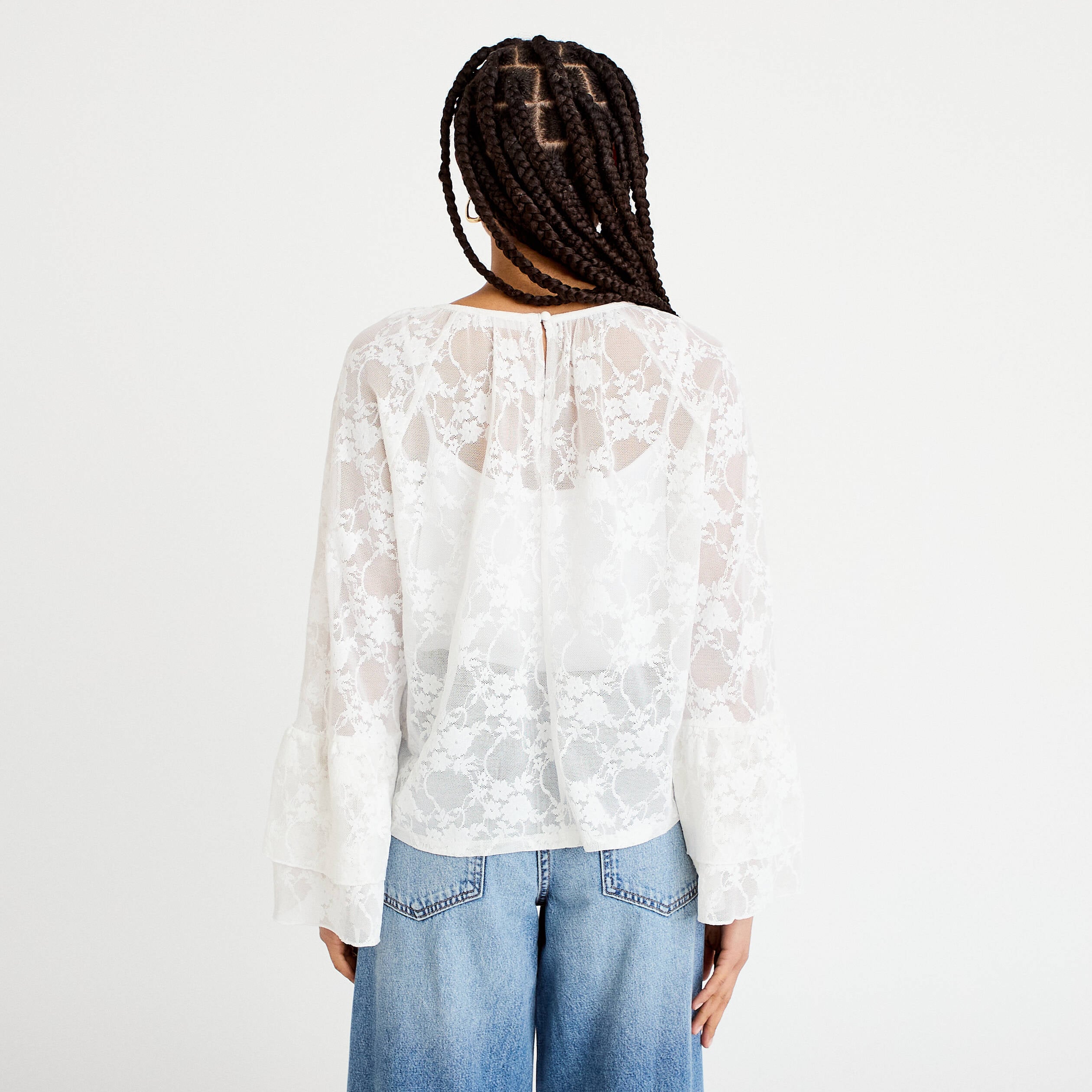 Blouse col rond manches longues dentelle ecru femme