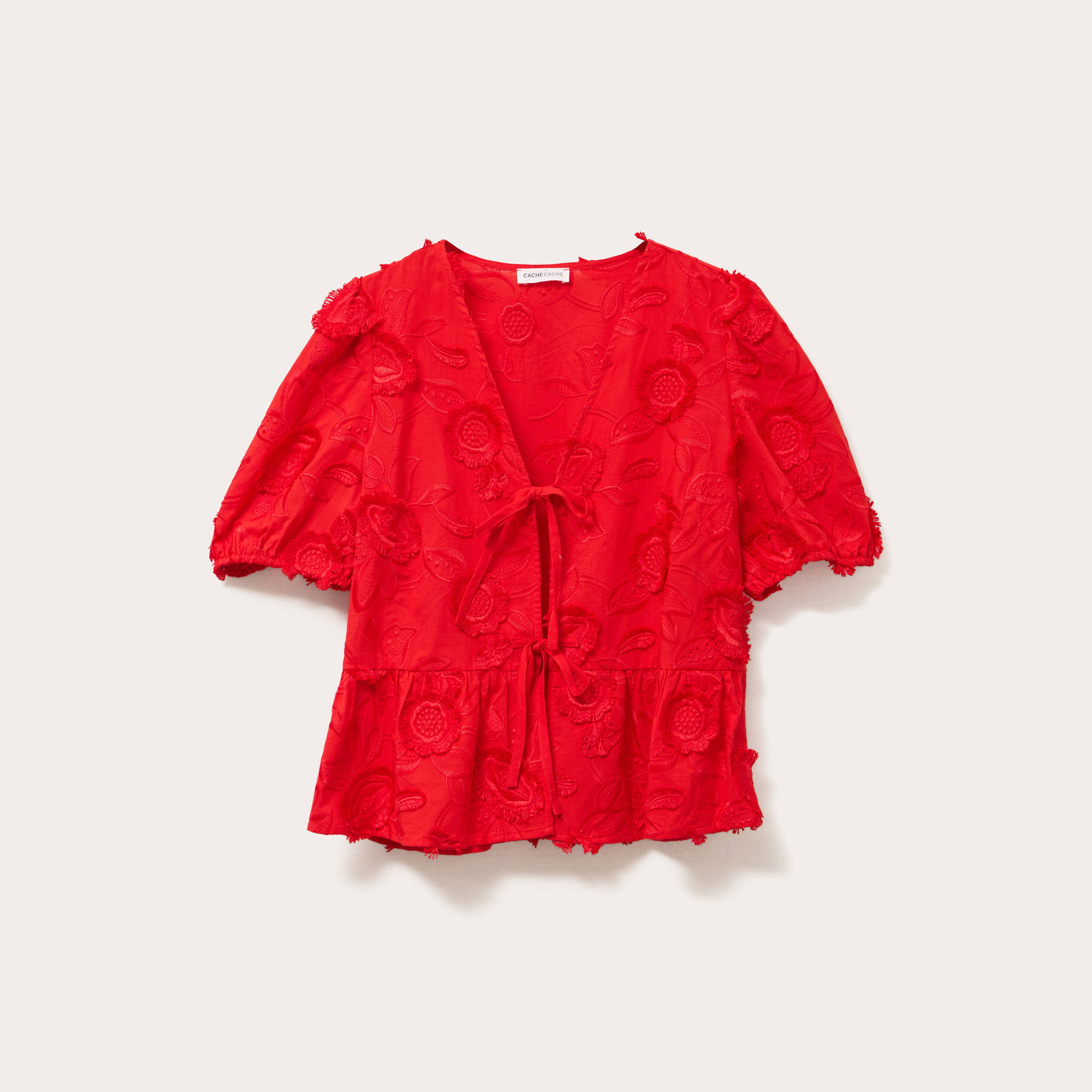 blouse manches courtes noeuds rouge fluo femme Blouse manches courtes noeuds rouge fluo femme