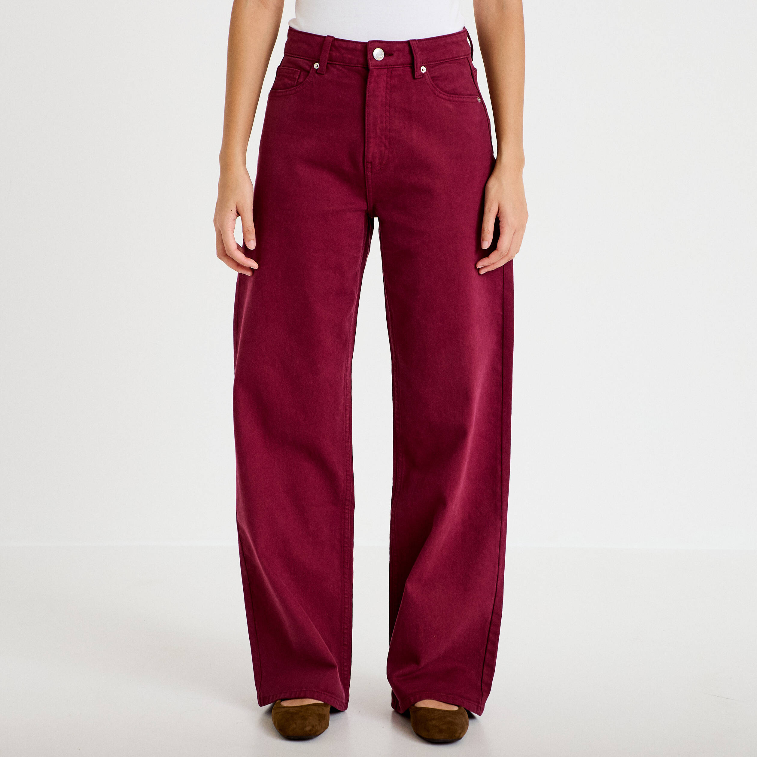 Jean wide leg taille haute bordeaux femme