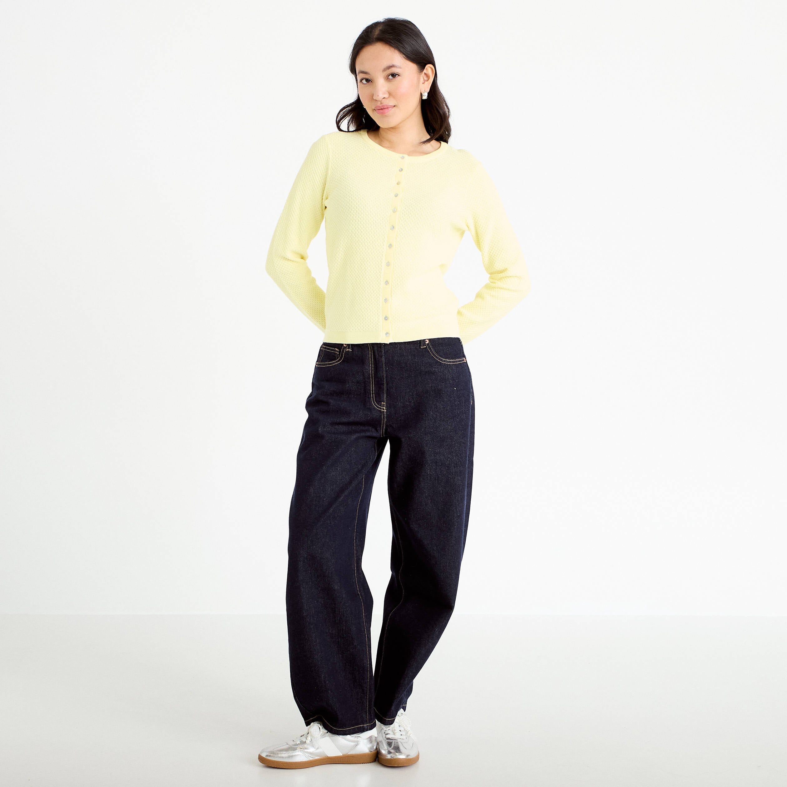 Gilet ajour&eacute; manches longues jaune clair femme