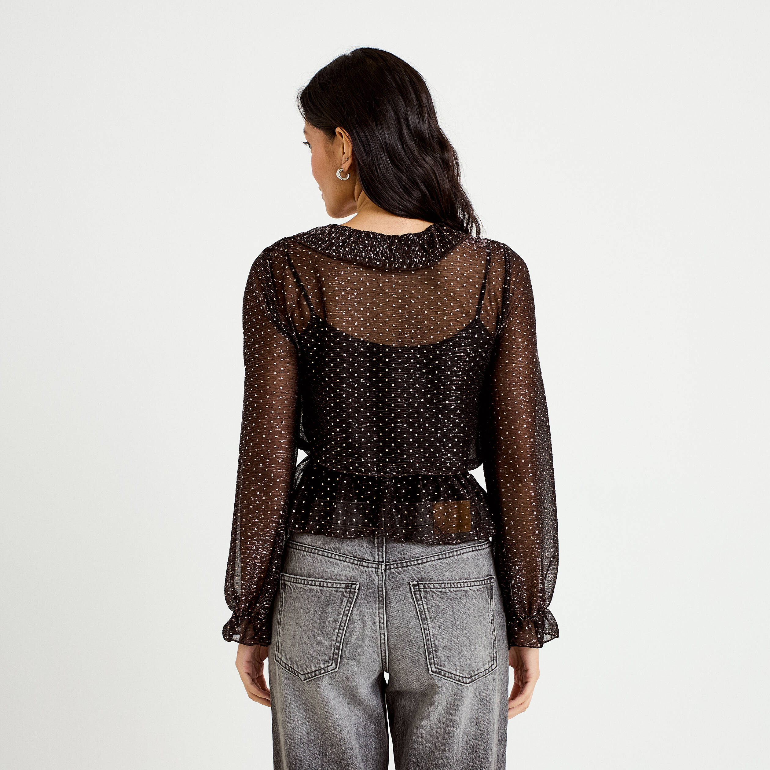 Blouse d&eacute;collet&eacute; manches longues marron fonc&eacute; femme