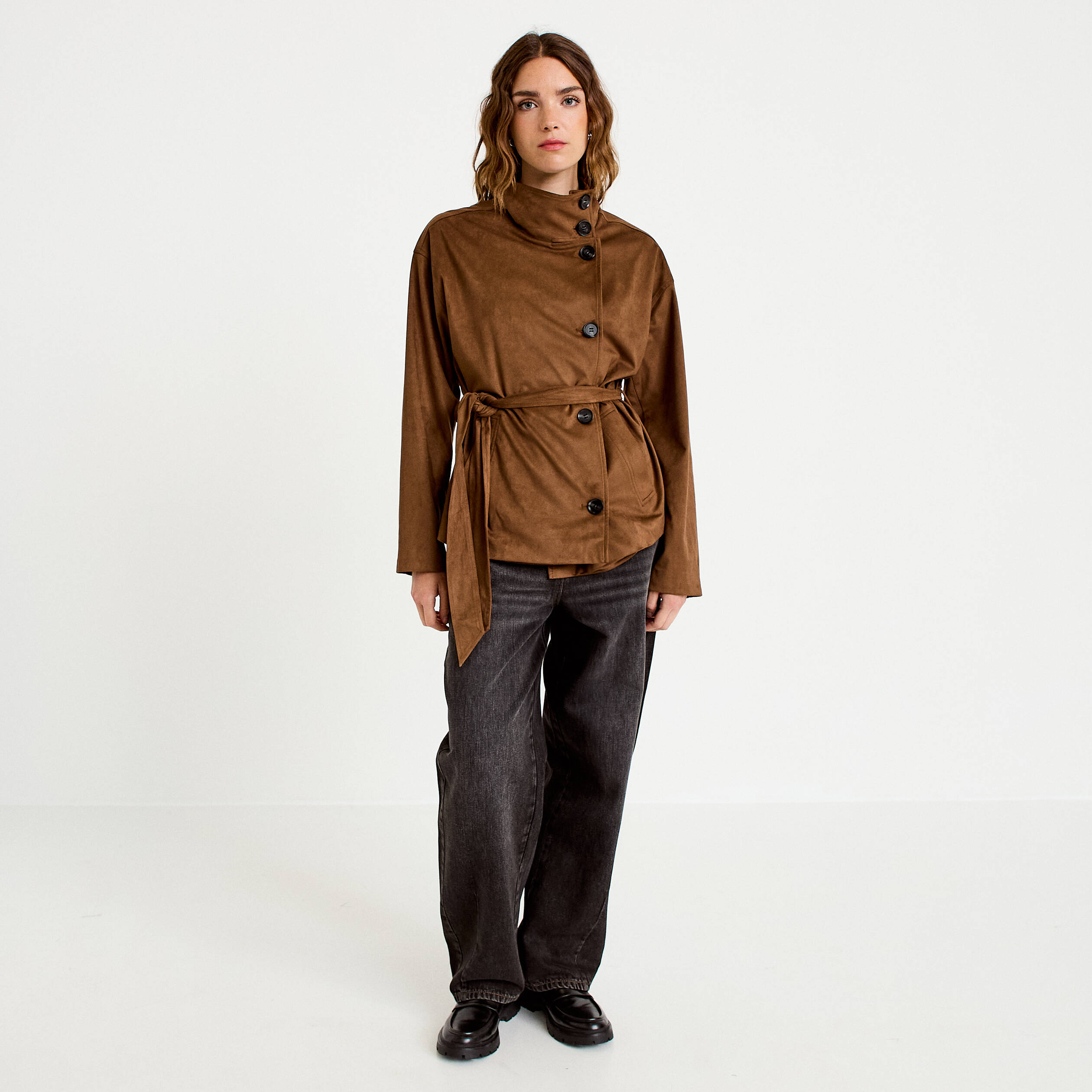 Caban droit col montant aspect daim marron femme