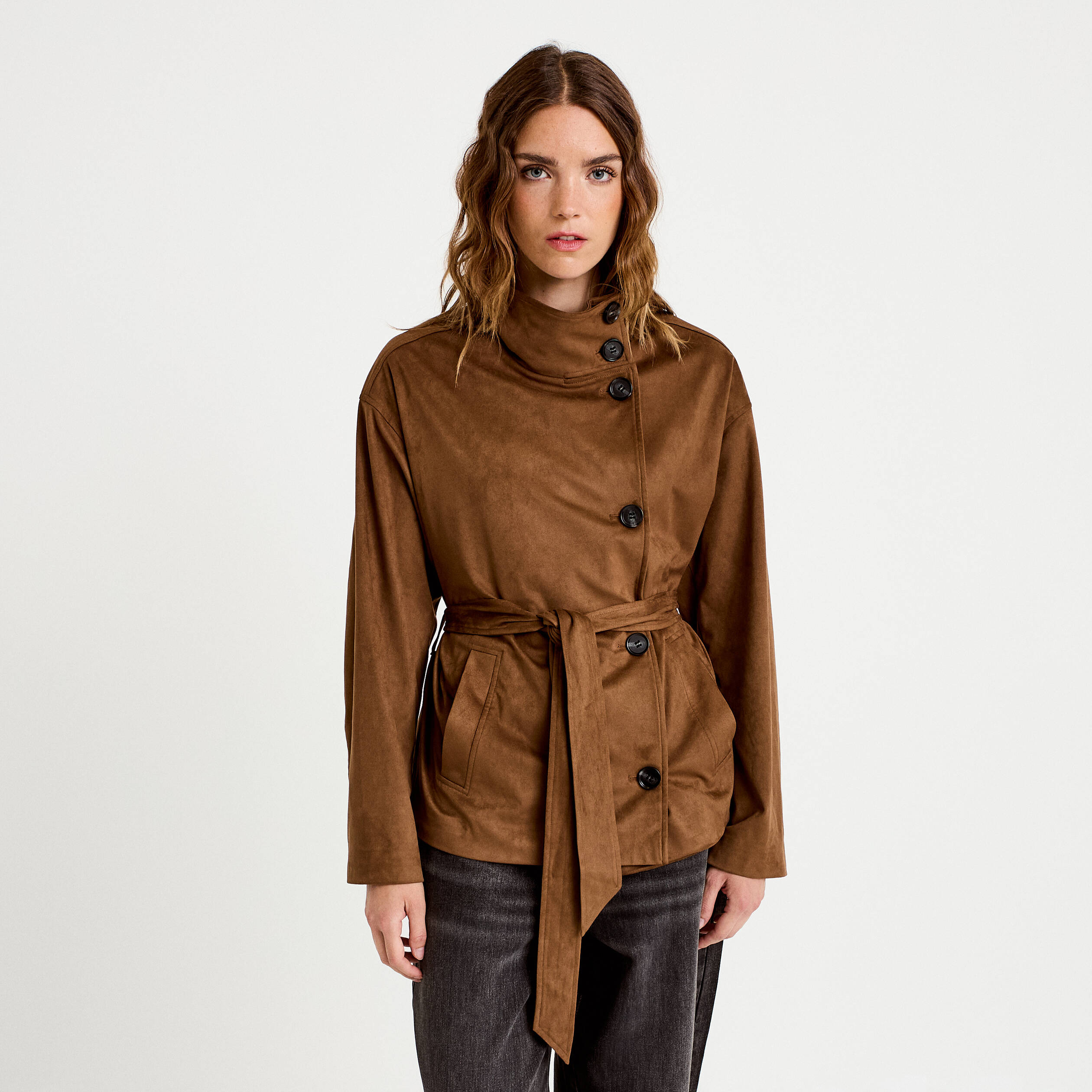 Caban droit col montant aspect daim marron femme