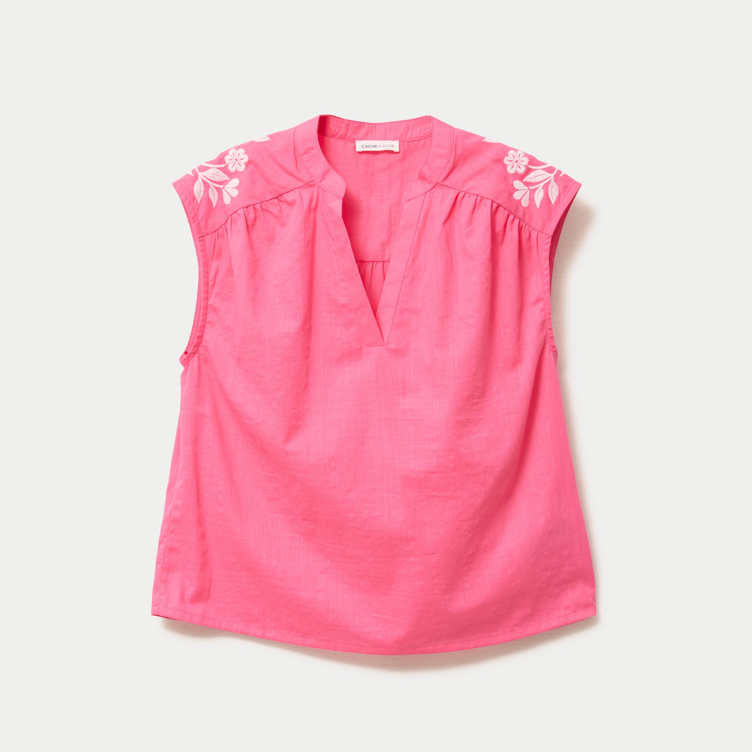 Blouse droite sans manches col v rose fushia femme