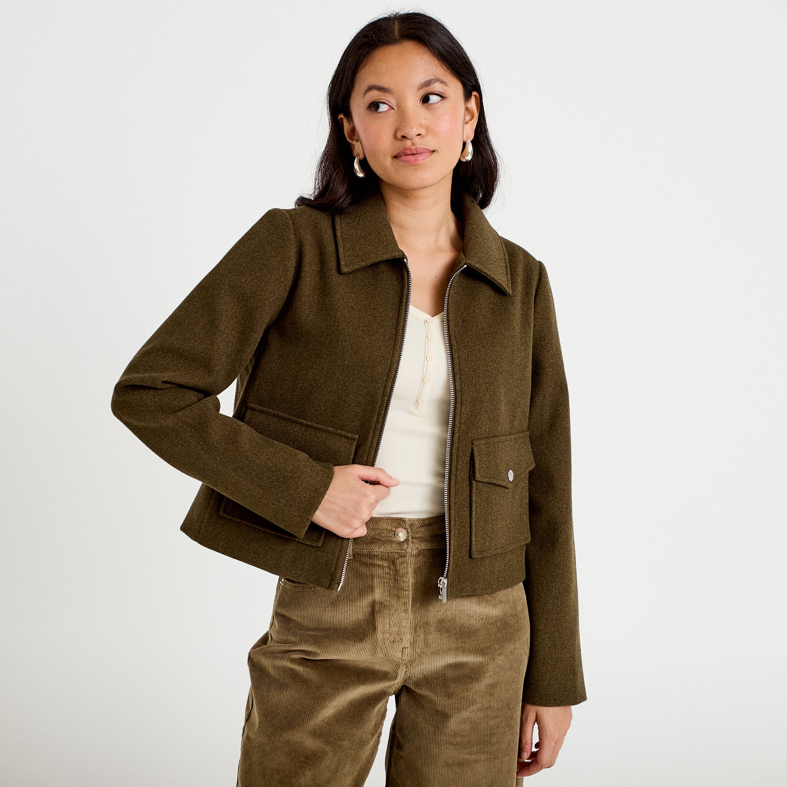Veste zipp&eacute;e vert kaki femme