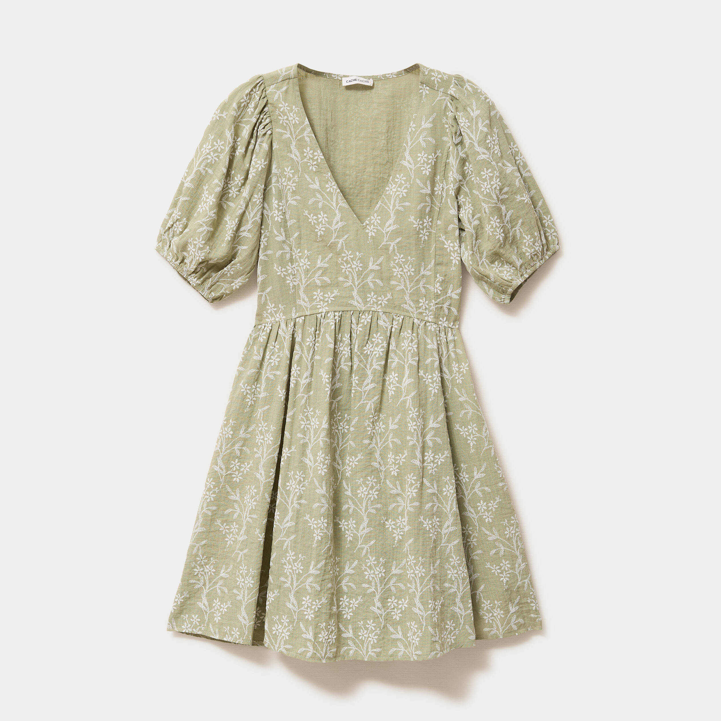 Robe droite courte col v manches courtes vert femme