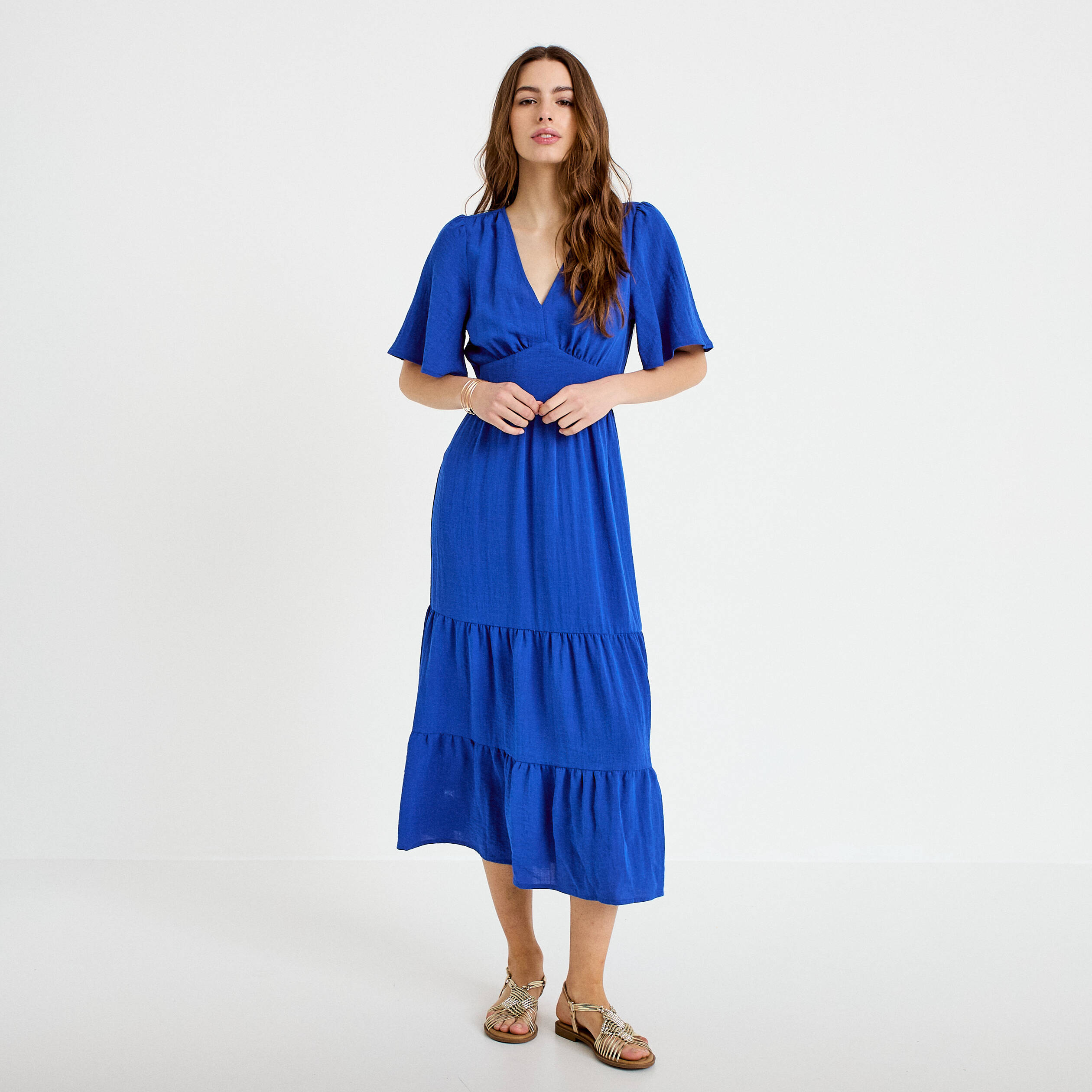 Robe &eacute;vas&eacute;e col v bleu electrique femme