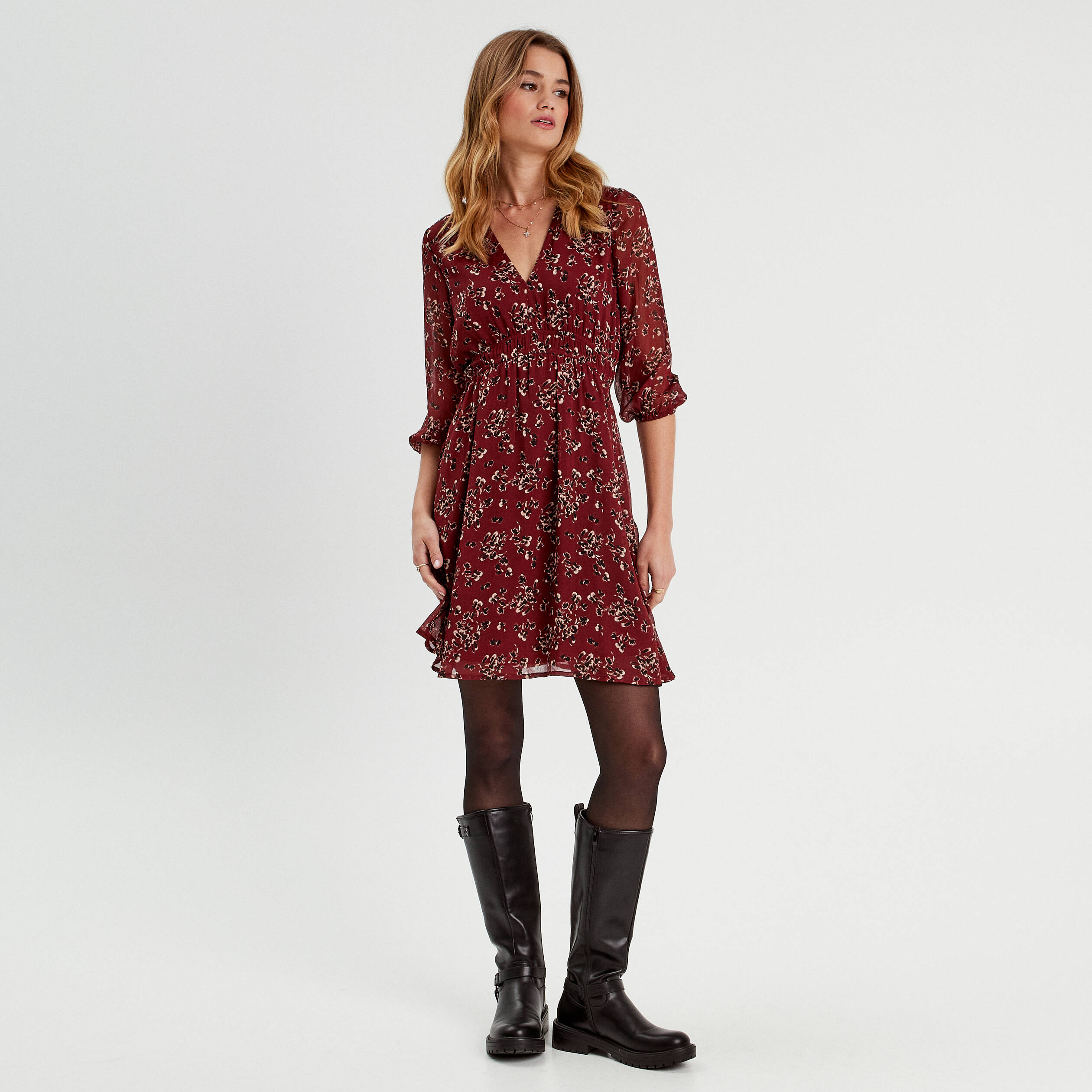 robe evasee manches 34 bordeaux femme Robe évasée manches 3/4 bordeaux femme